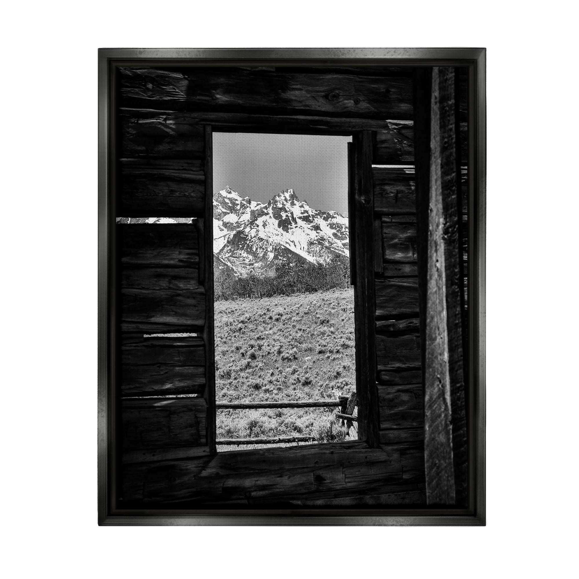 Stupell Industries Mountain in Cabin Window Landscape Photography Black Floater Framed Canvas Art Print Wall Art, 17 x 21