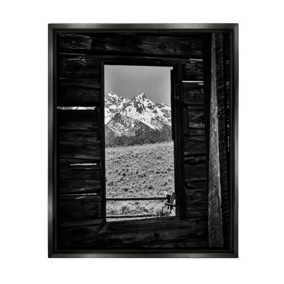 Stupell Industries Mountain in Cabin Window Landscape Photography Black Floater Framed Canvas Art Print Wall Art, 25 x 31