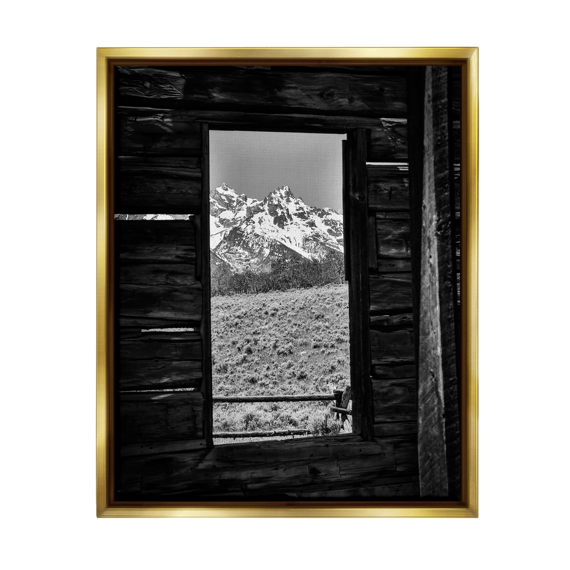 Stupell Industries Mountain in Cabin Window Landscape Photography Gold Floater Framed Canvas Art Print Wall Art, 17 x 21