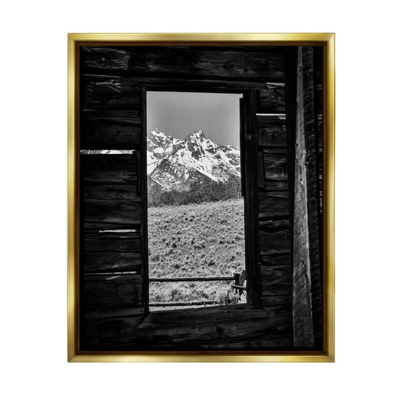 Stupell Industries Mountain in Cabin Window Landscape Photography Gold Floater Framed Canvas Art Print Wall Art, 25 x 31