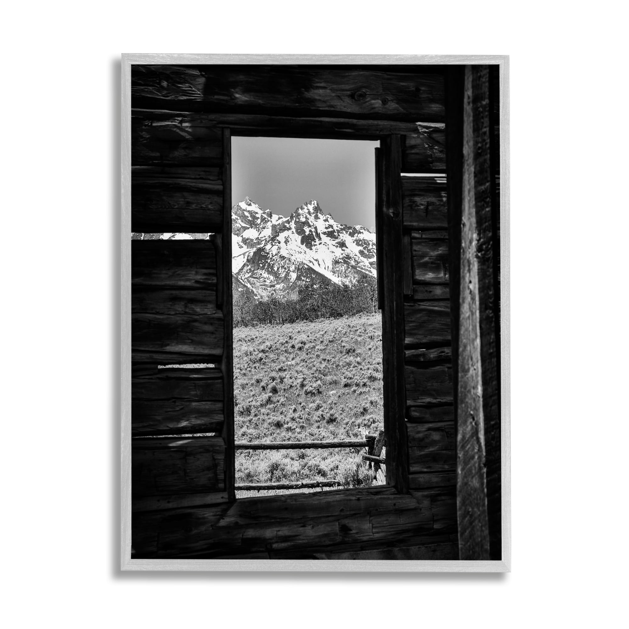 Stupell Industries Mountain in Cabin Window Landscape Photography Gray Framed Art Print Wall Art, 11 x 14