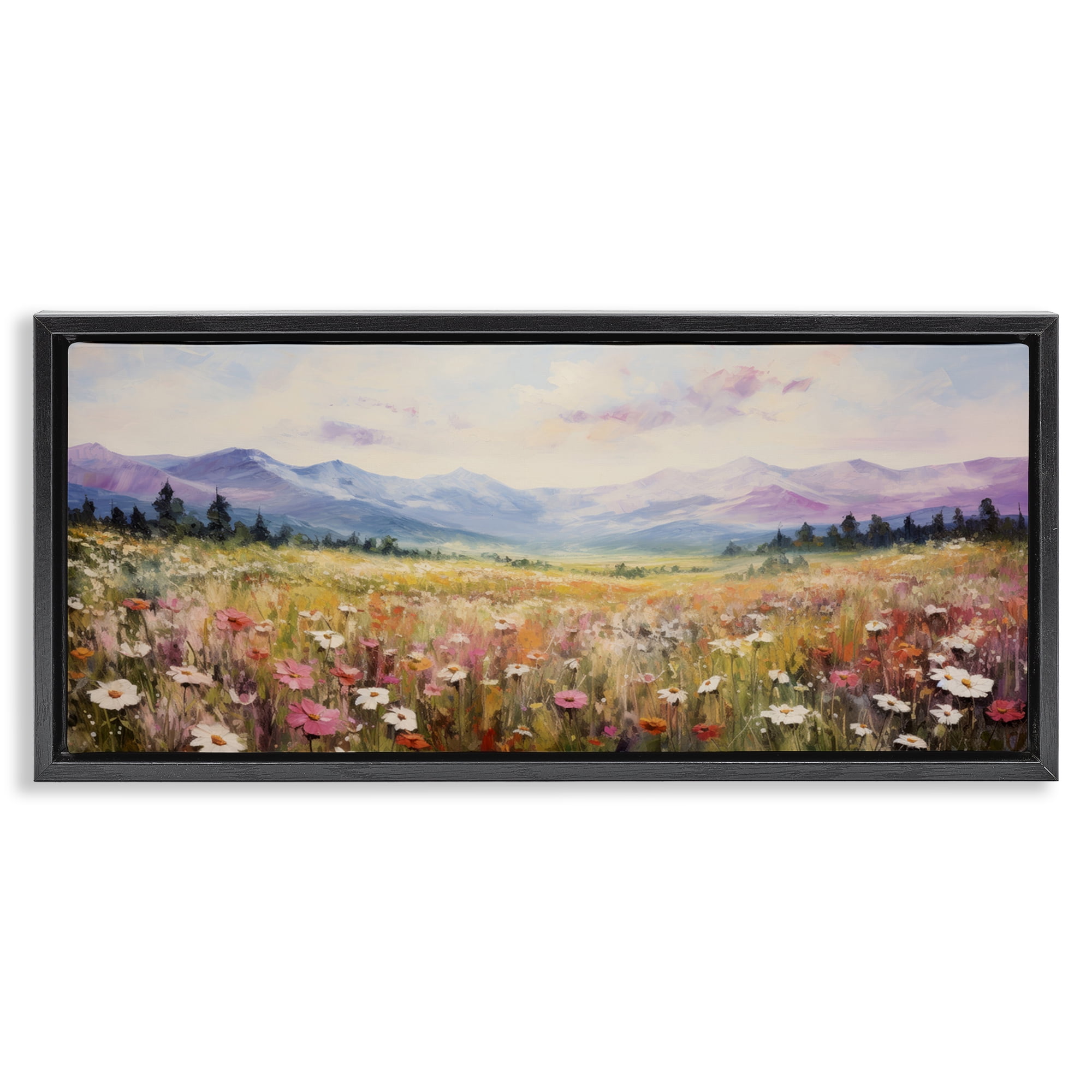 Stupell Industries Mountainous Daisy Meadow Landscape Painting Black Floater Framed Art Print Wall Art, 25 x 11