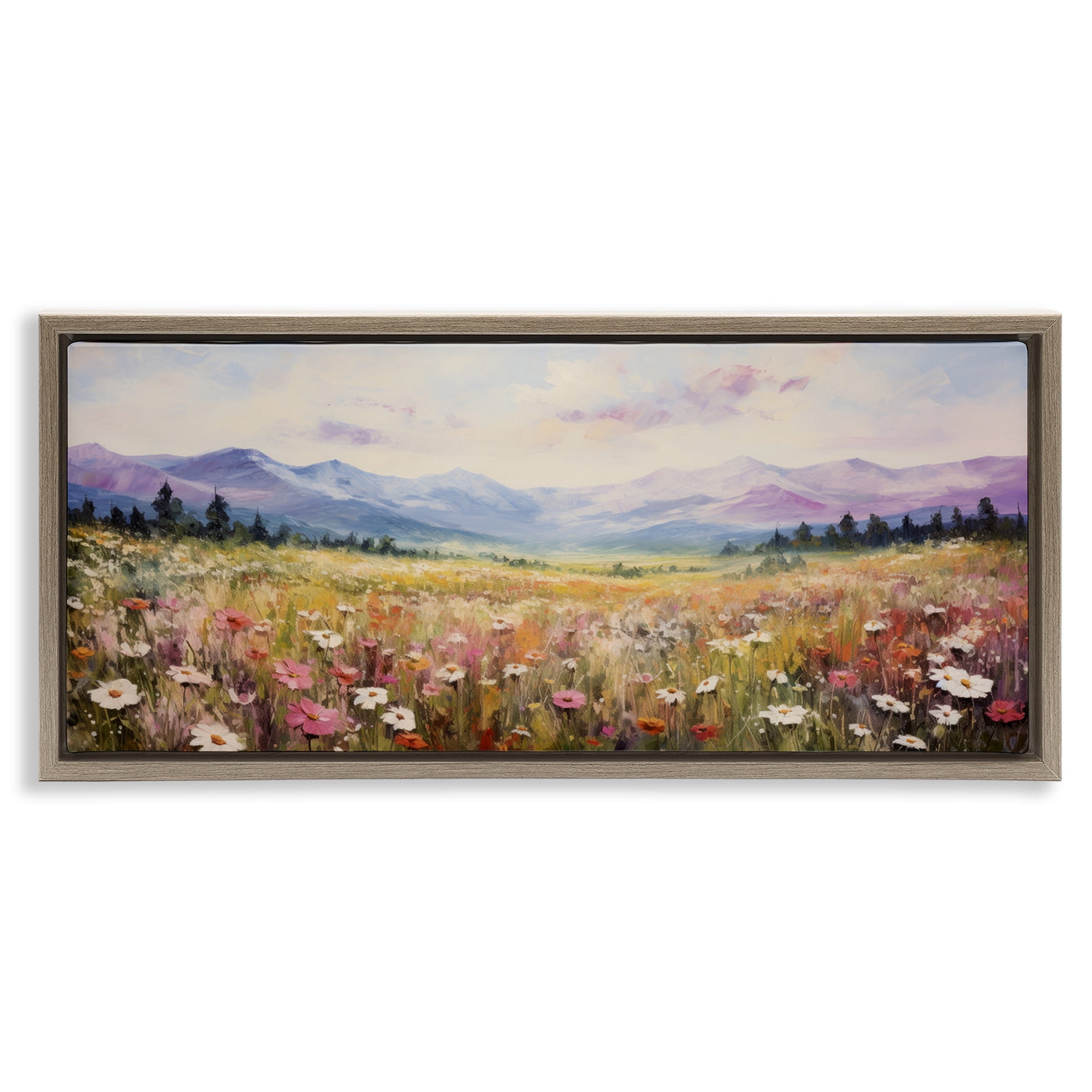 Stupell Industries Mountainous Daisy Meadow Landscape Painting Brown Floater Framed Art Print Wall Art, 25 x 11