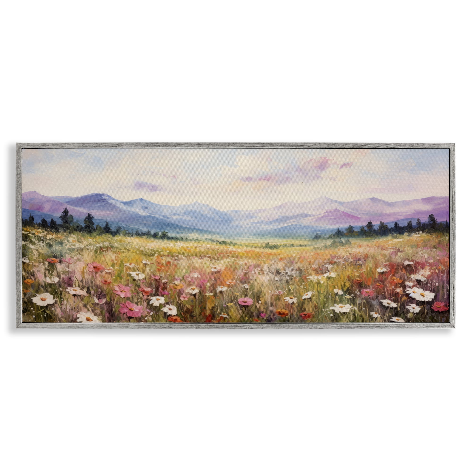 Stupell Industries Mountainous Daisy Meadow Landscape Painting Gray Framed Art Print Wall Art, 30 x 13