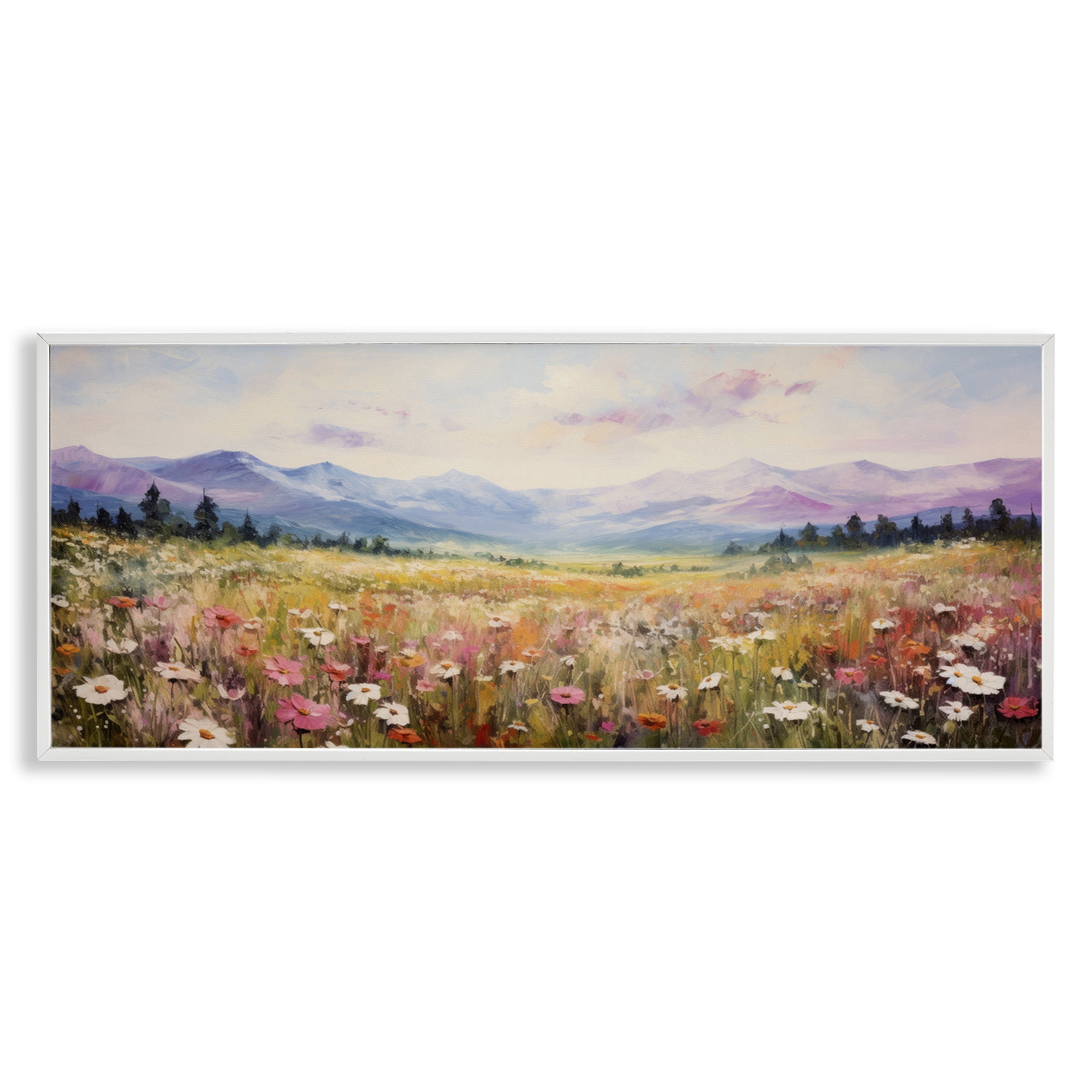 Stupell Industries Mountainous Daisy Meadow Landscape Painting White Framed Art Print Wall Art, 30 x 13