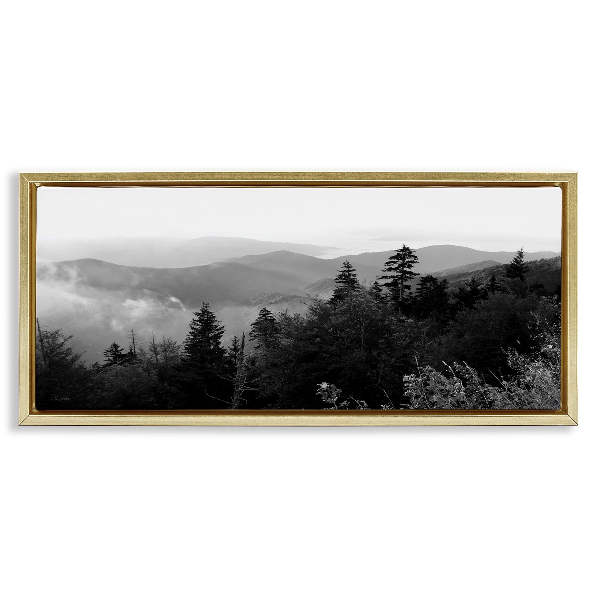 Stupell Industries Mountainous Trees Horizon Landscape & Nature Photography Gold Floater Framed Canvas Art Print Wall Art, 25 x 11