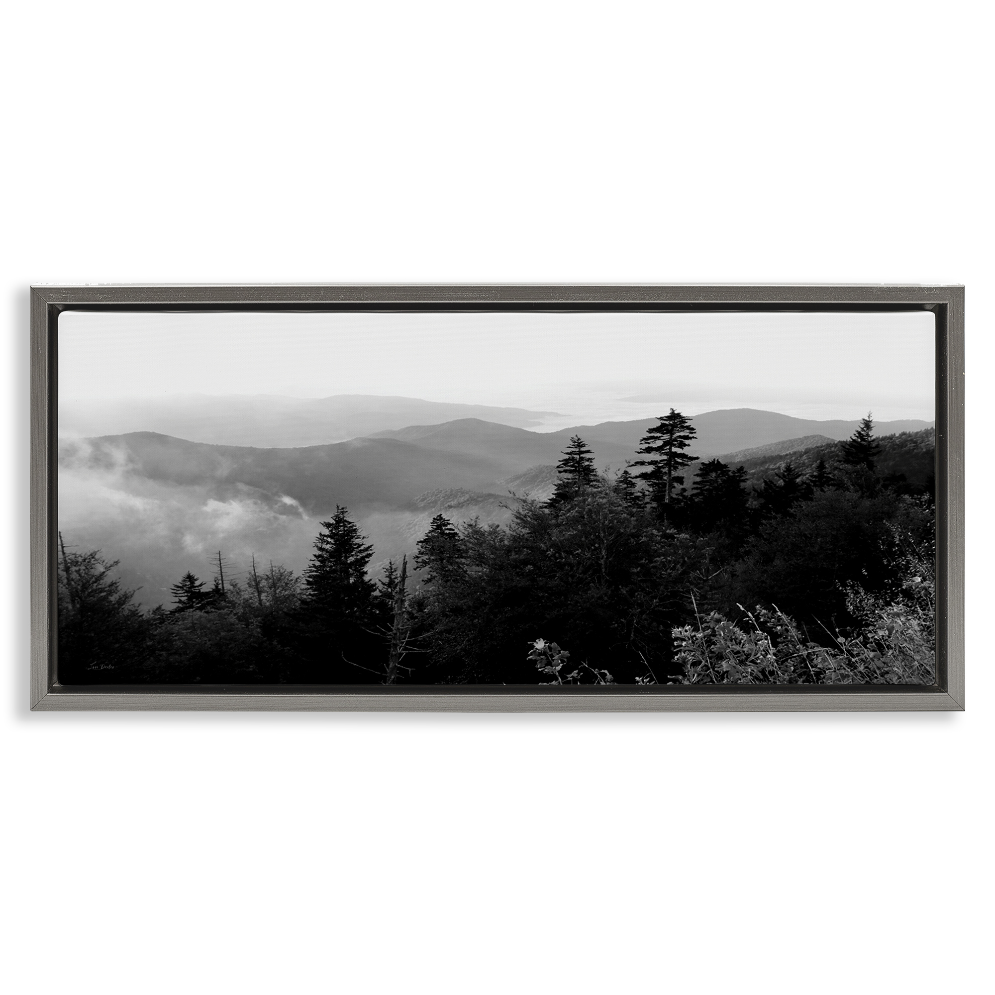 Stupell Industries Mountainous Trees Horizon Landscape & Nature Photography Gray Floater Framed Canvas Art Print Wall Art, 25 x 11