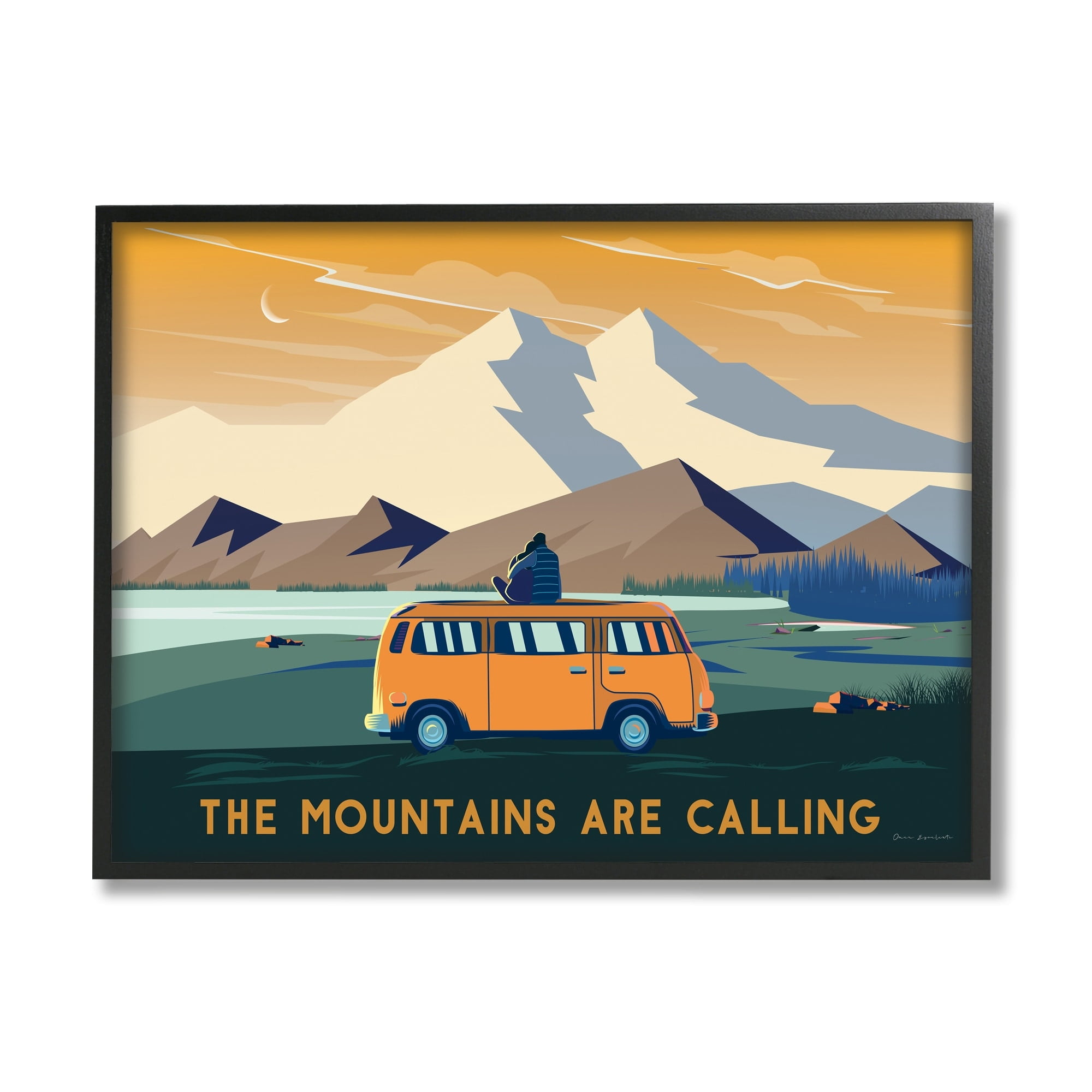 Stupell Industries Mountains Are Calling Bold Orange Van Travel Explore Quote Framed Wall Art, 14 x 11, Design by Omar Escalante