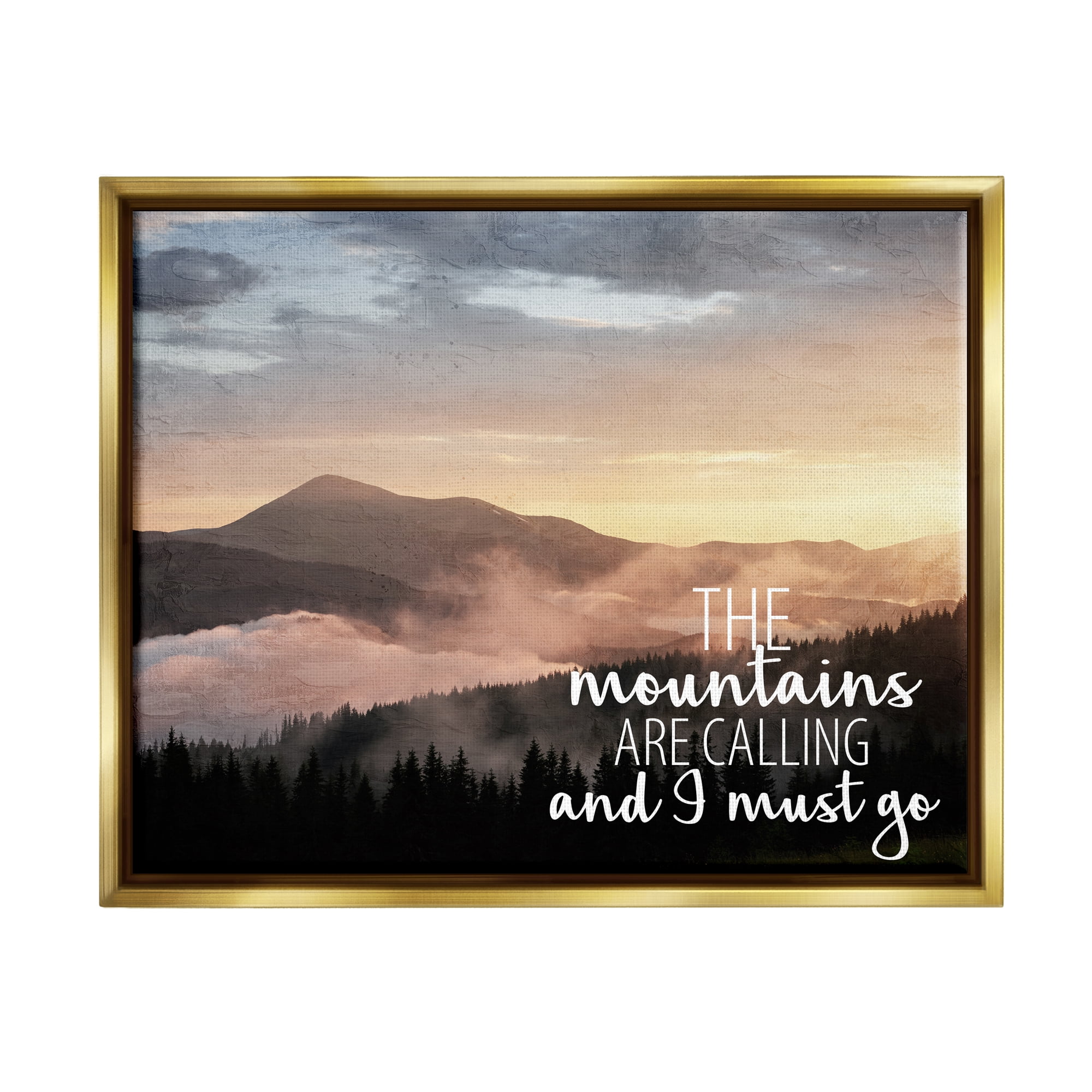 Stupell Industries Mountains Are Calling Landscape Landscape Painting Gold Floater Framed Canvas Art Print Wall Art, 31 x 25
