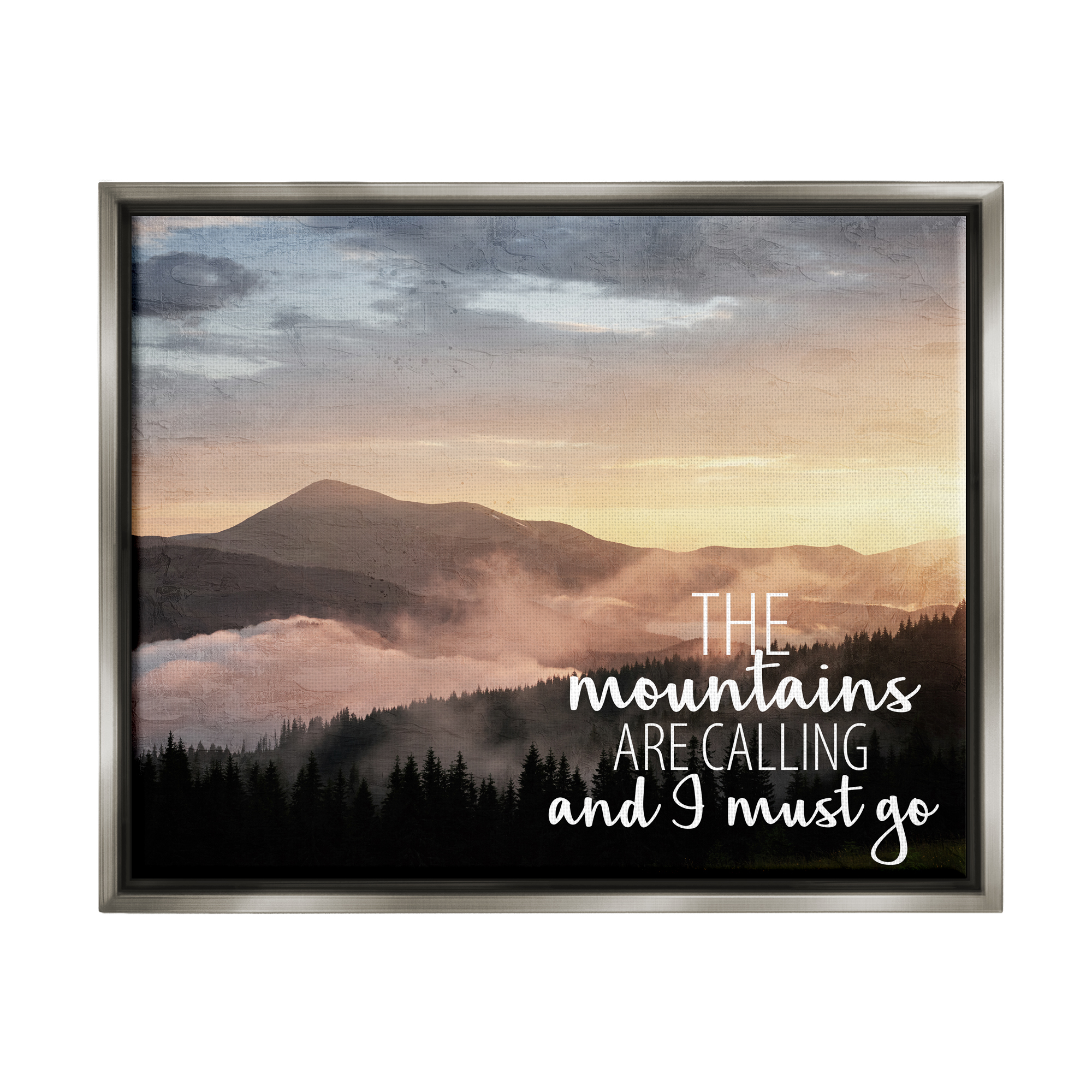 Stupell Industries Mountains Are Calling Landscape Landscape Painting Gray Floater Framed Canvas Art Print Wall Art, 21 x 17