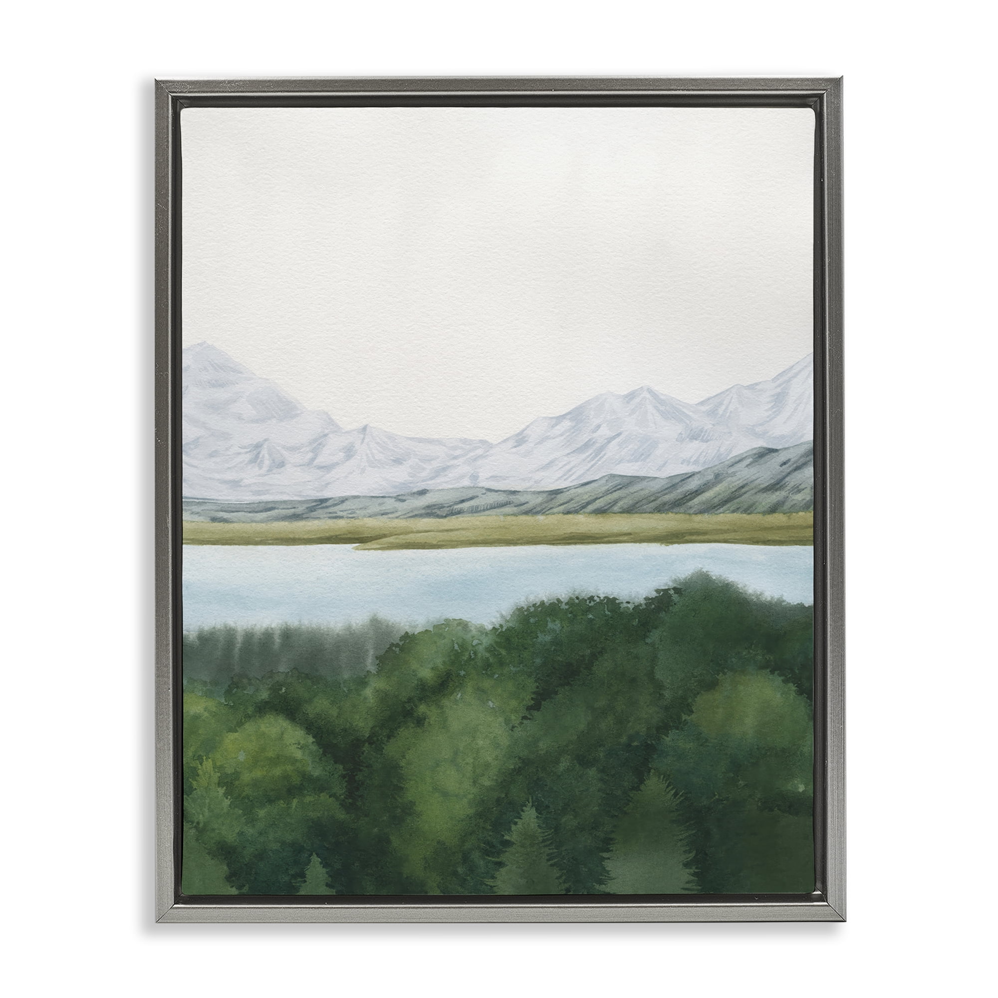 Stupell Industries Mountains & Forest Landscape Landscape & Nature Painting Gray Floater Framed Canvas Art Print Wall Art, 17 x 21