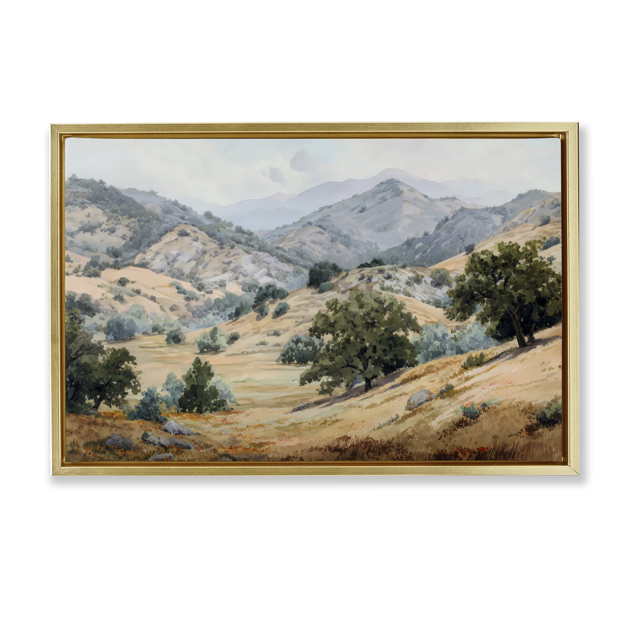 Stupell Industries Mountains and Trees Valley View Gold Framed Floater Canvas Wall Art, design by Petal Prints Design