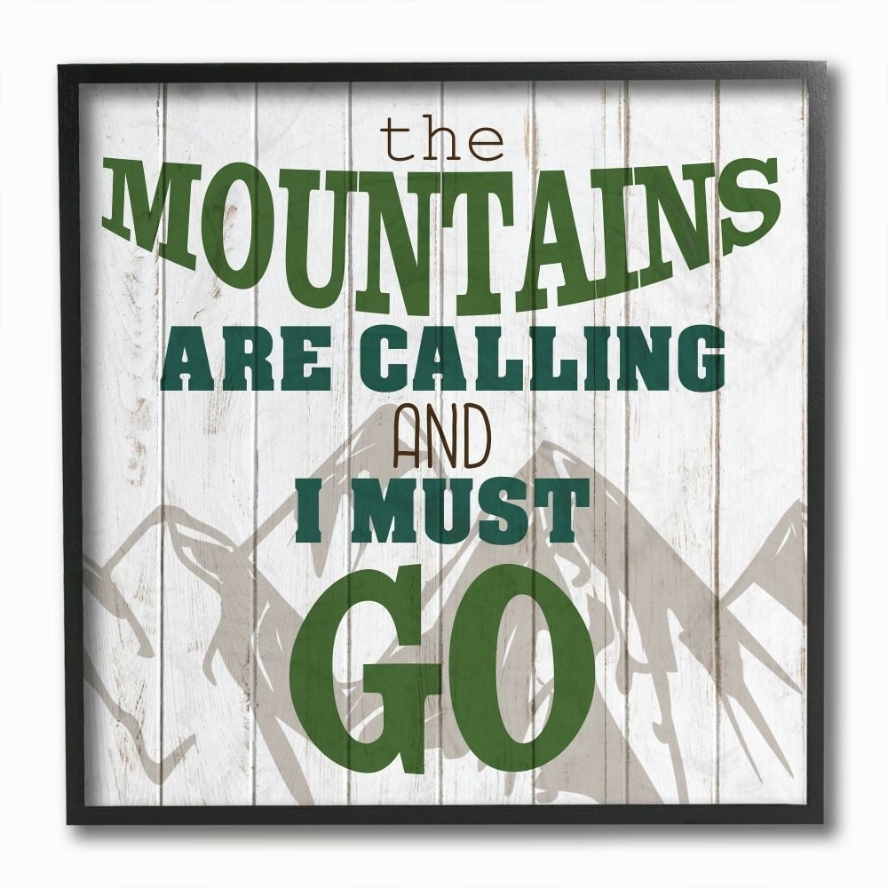 Stupell Industries Mountains are Calling Quote Inspirational Tan Green Phrase Framed Wall Art Design by Kim Allen, 12" x 12", Black Framed