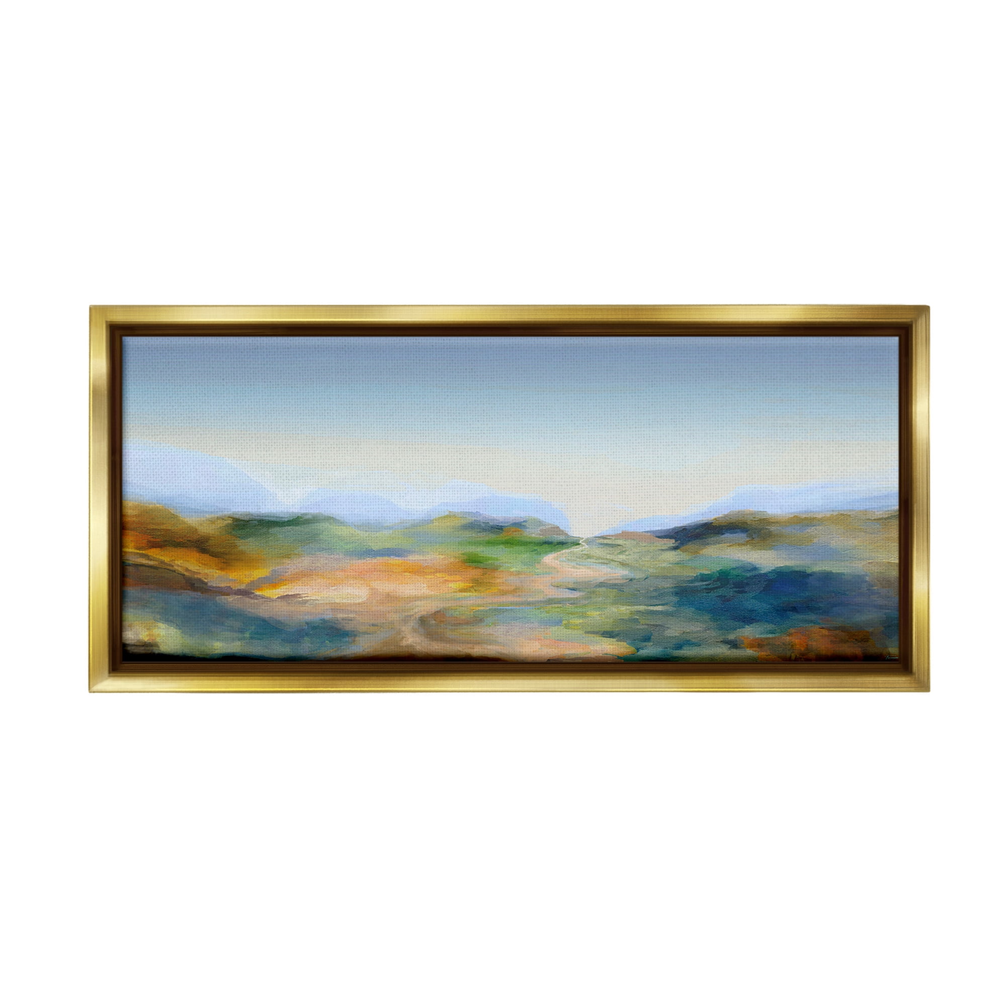 Stupell Industries Mountains with Winding Path Landscape Painting Gold Floater Framed Canvas Art Print Wall Art, 31 x 14
