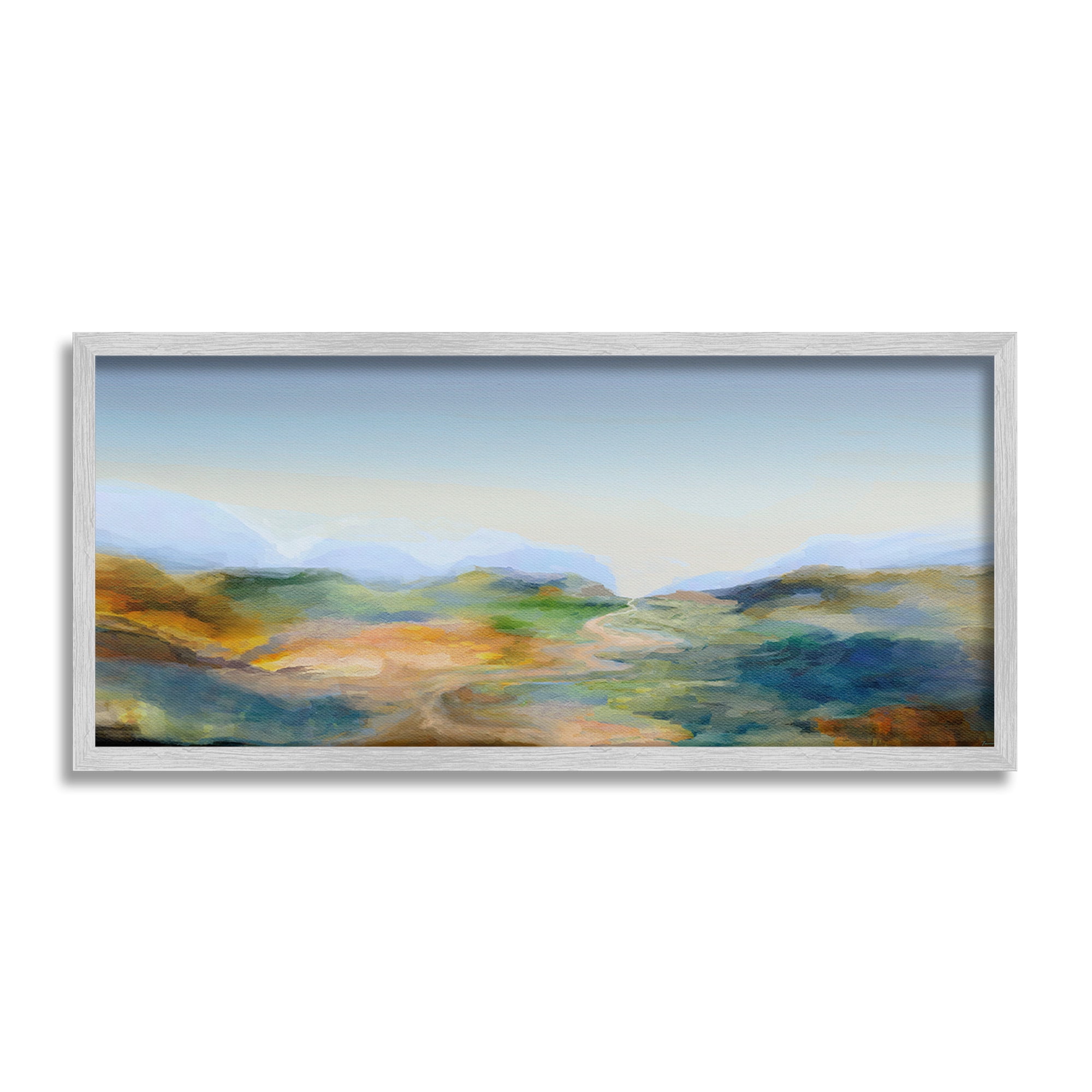 Stupell Industries Mountains with Winding Path Landscape Painting Gray Framed Art Print Wall Art, 30 x 13