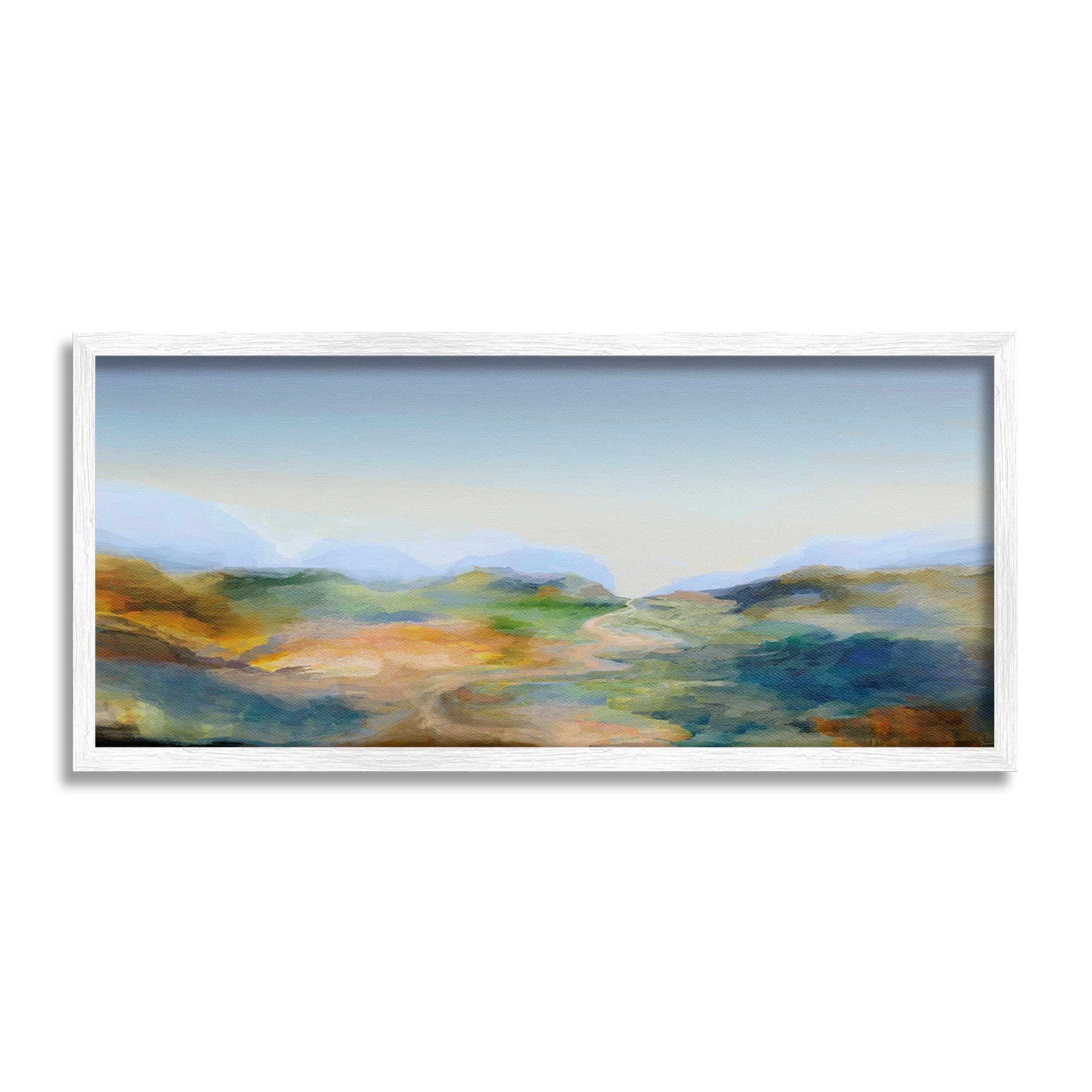 Stupell Industries Mountains with Winding Path Landscape Painting White Framed Art Print Wall Art, 30 x 13