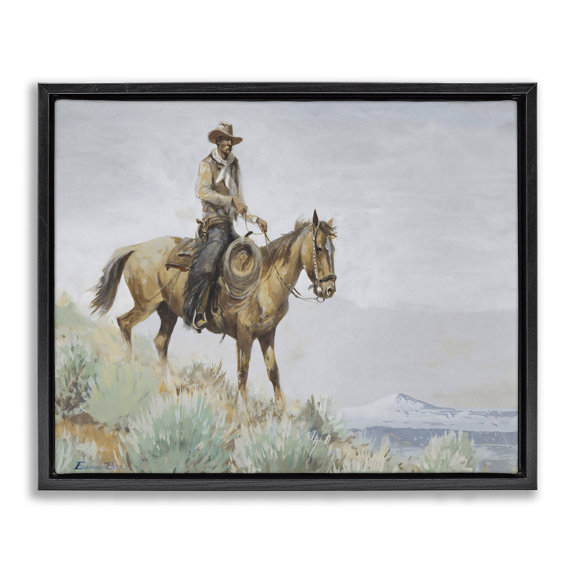 Stupell Industries Mounted Cowboy on Sagebrush Ridge Black Framed Floater Canvas Wall Art, design by Arlington Prints