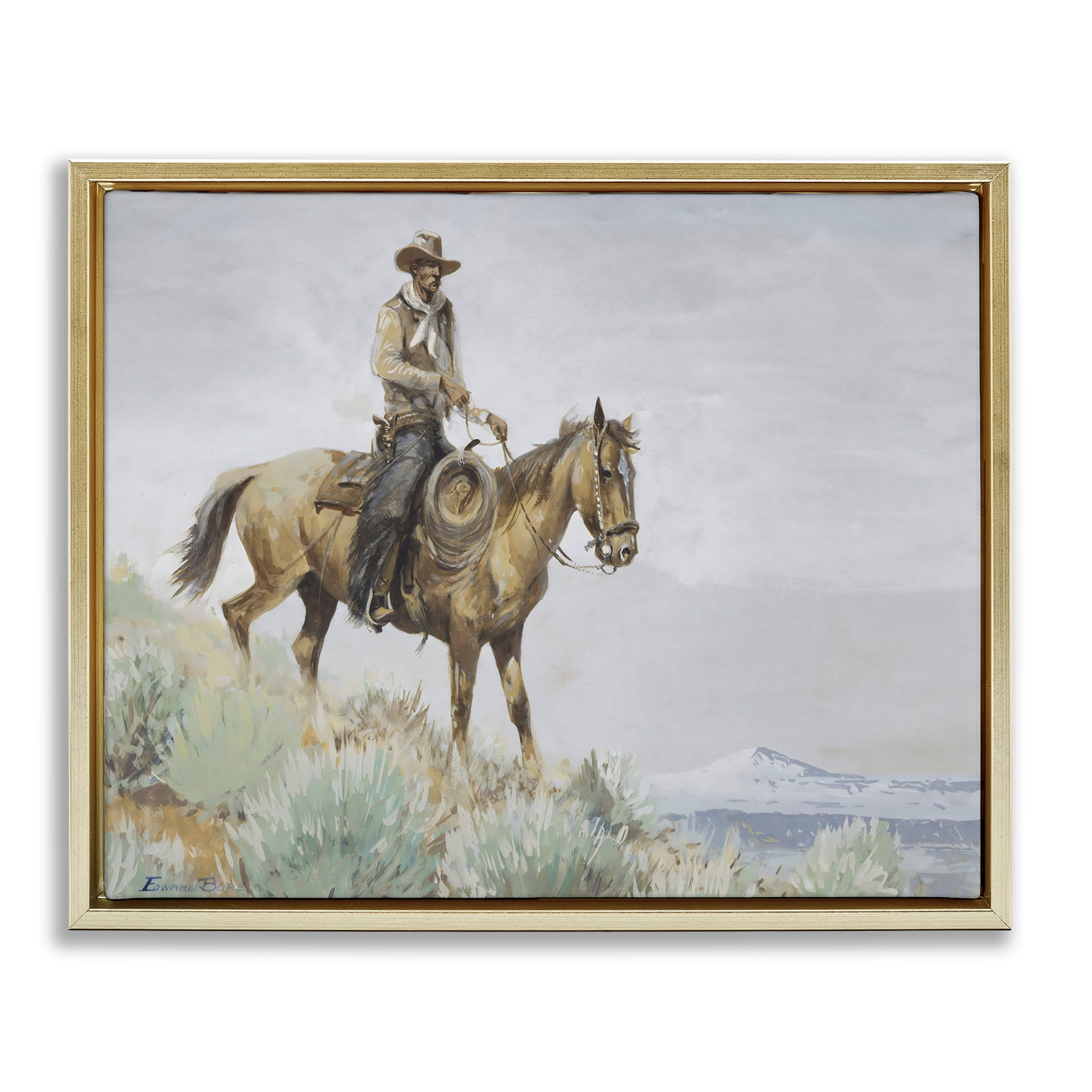 Stupell Industries Mounted Cowboy on Sagebrush Ridge Gold Framed Floater Canvas Wall Art, design by Arlington Prints