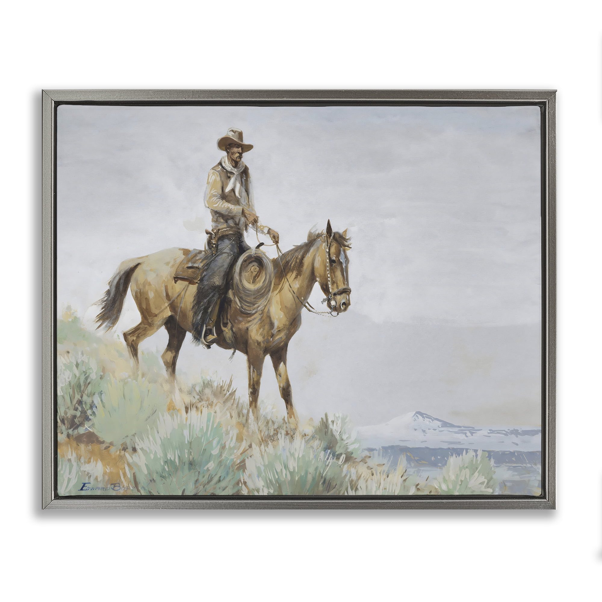 Stupell Industries Mounted Cowboy on Sagebrush Ridge Gray Framed Floater Canvas Wall Art, design by Arlington Prints