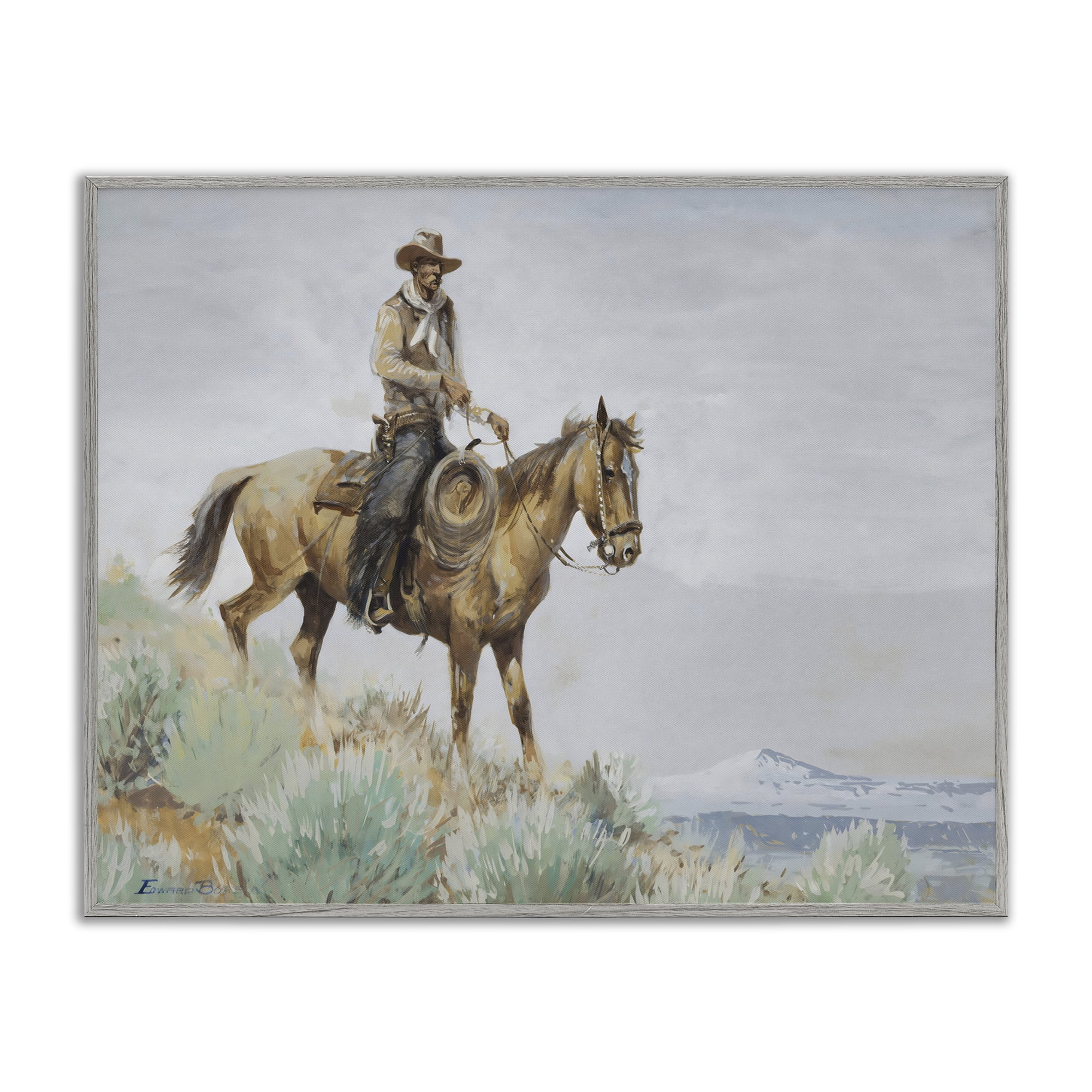 Stupell Industries Mounted Cowboy on Sagebrush Ridge Gray Framed Giclee Art, design by Arlington Prints