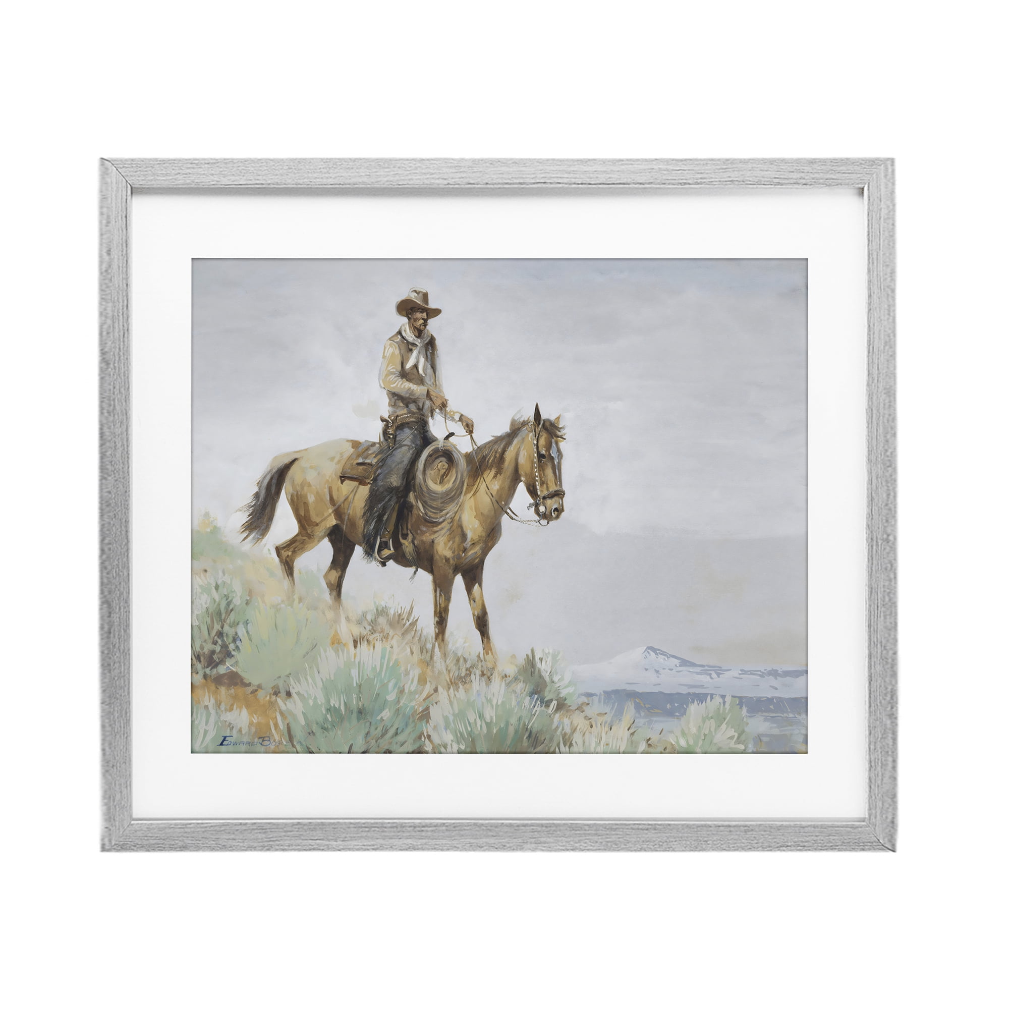 Stupell Industries Mounted Cowboy on Sagebrush Ridge Gray Framed Print Under Glass, design by Arlington Prints