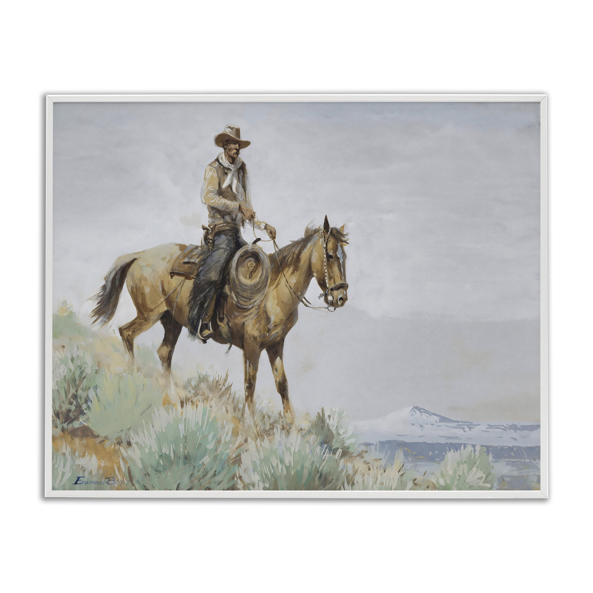 Stupell Industries Mounted Cowboy on Sagebrush Ridge White Framed Giclee Art, design by Arlington Prints