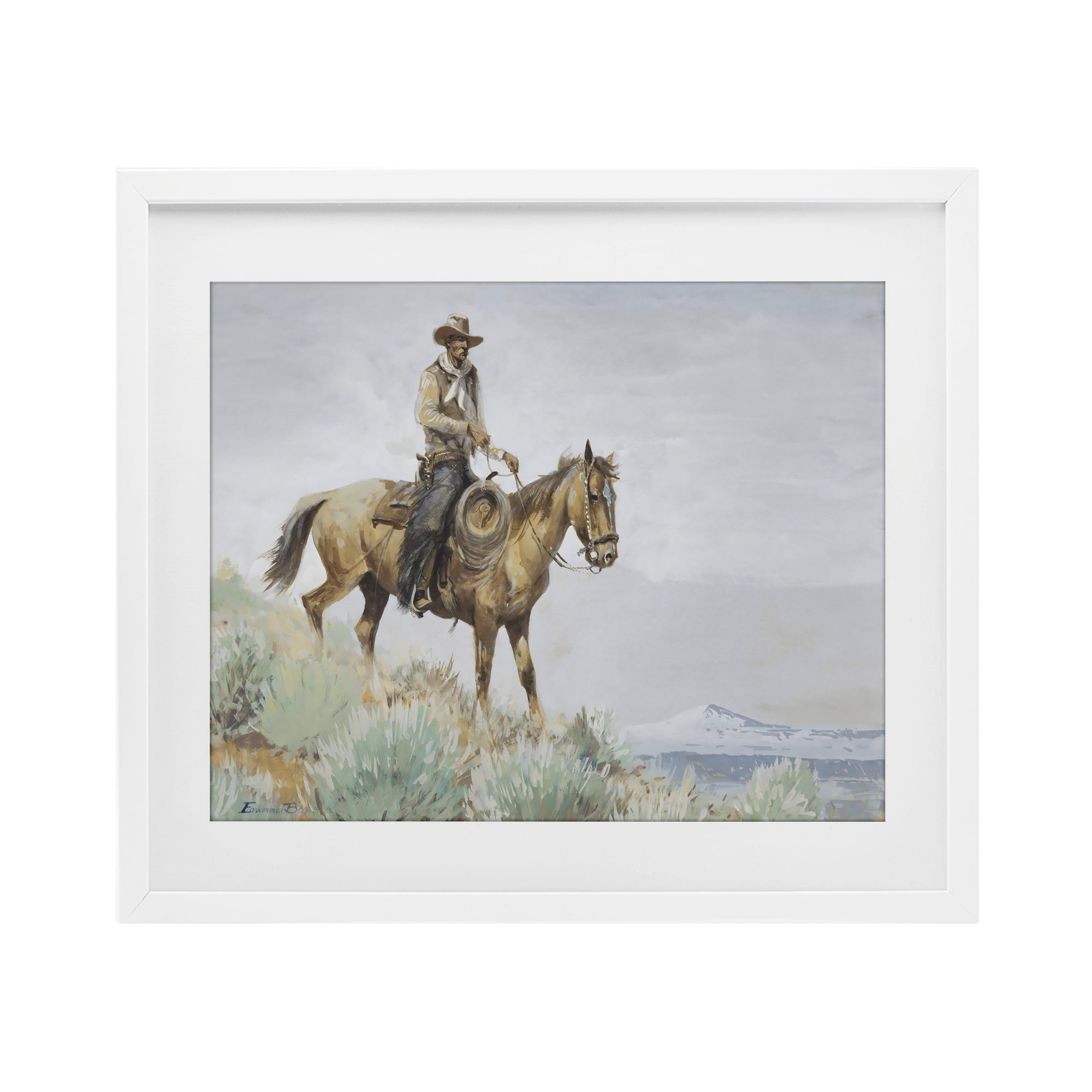 Stupell Industries Mounted Cowboy on Sagebrush Ridge White Framed Print Under Glass, design by Arlington Prints