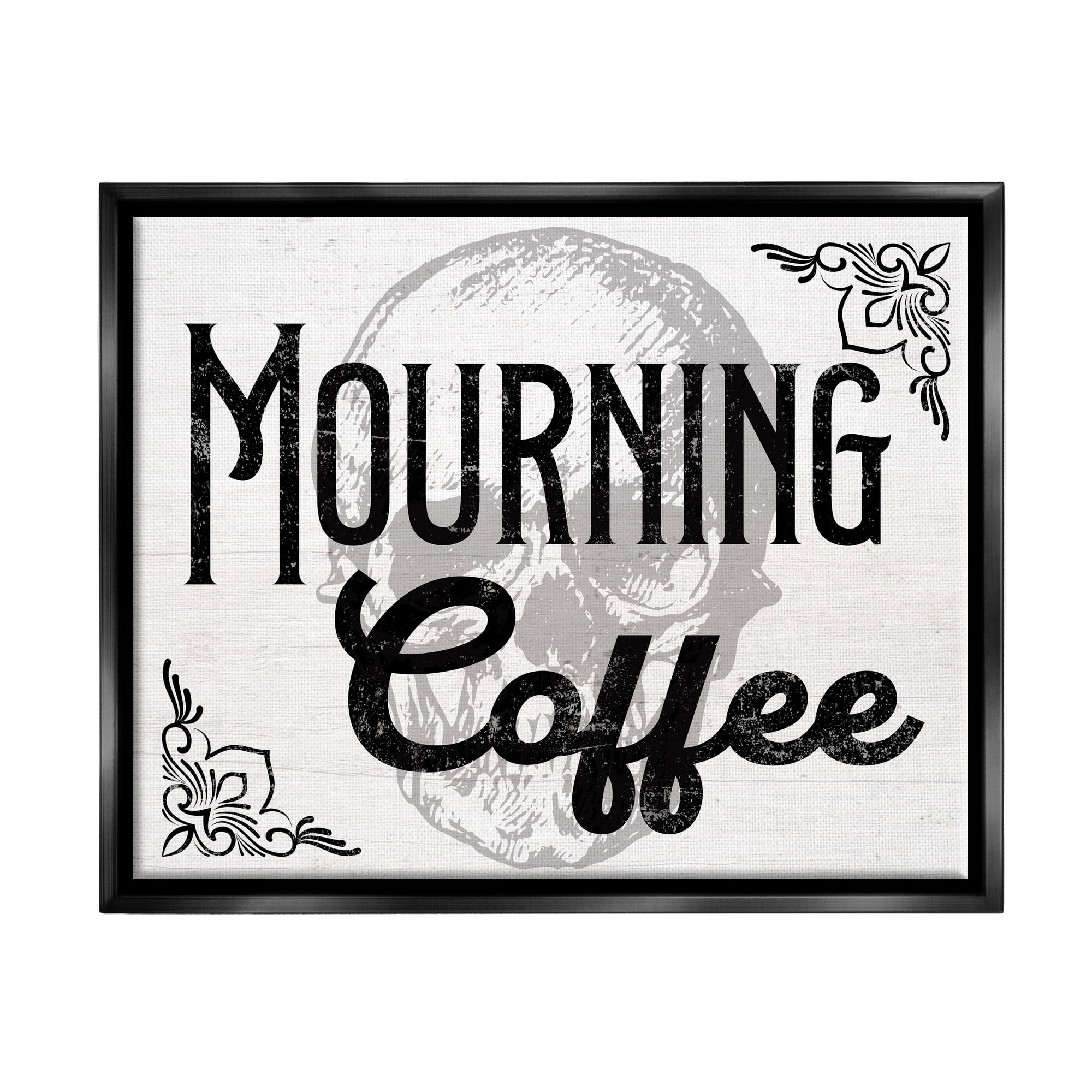 Stupell Industries Mourning Coffee Skull Holiday Painting Black Floater Framed Canvas Art Print Wall Art, 21 x 17
