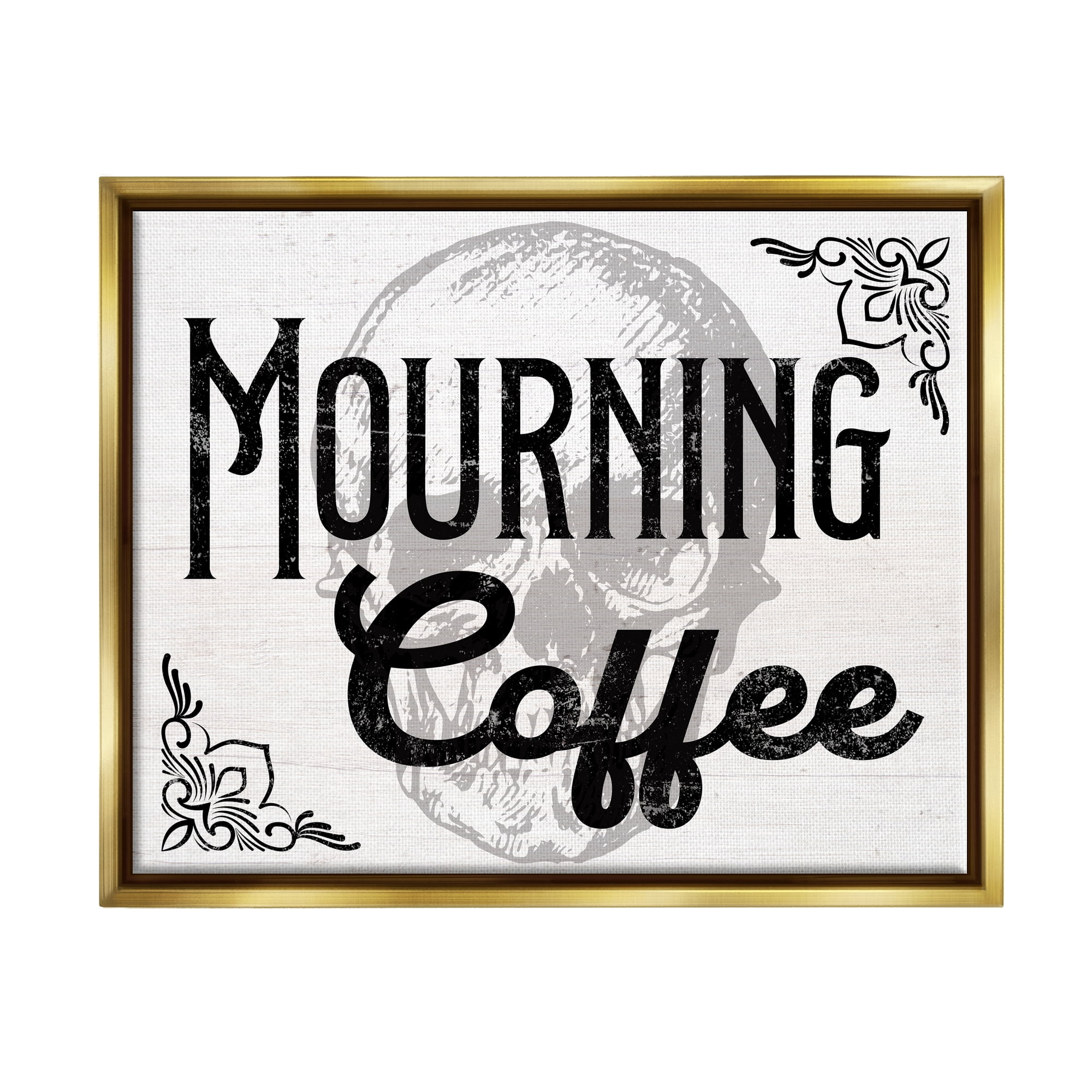 Stupell Industries Mourning Coffee Skull Holiday Painting Gold Floater Framed Canvas Art Print Wall Art, 21 x 17