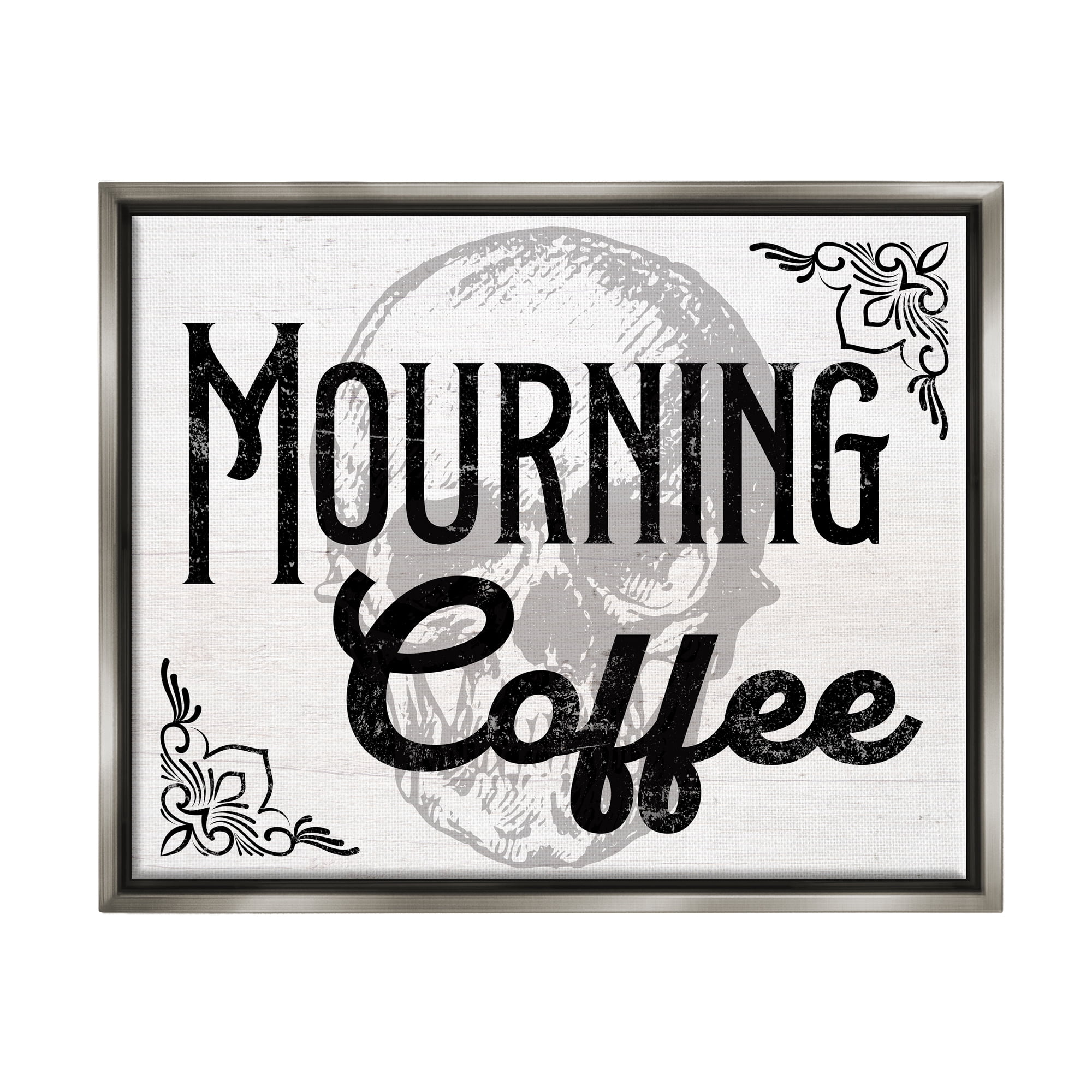 Stupell Industries Mourning Coffee Skull Holiday Painting Gray Floater Framed Canvas Art Print Wall Art, 21 x 17