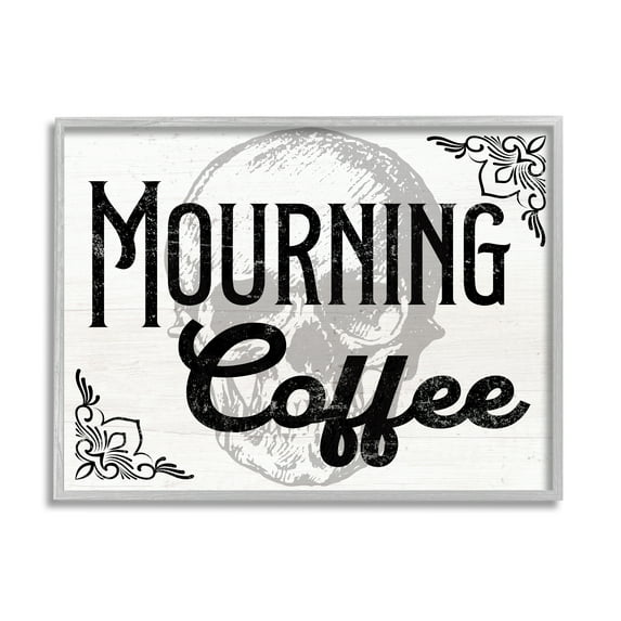 Stupell Industries Mourning Coffee Skull Holiday Painting Gray Framed Art Print Wall Art, 14 x 11