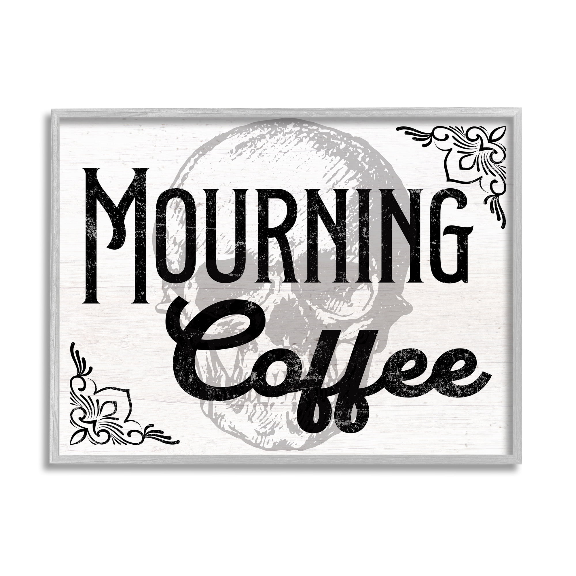 Stupell Industries Mourning Coffee Skull Holiday Painting Gray Framed Art Print Wall Art, 30 x 24