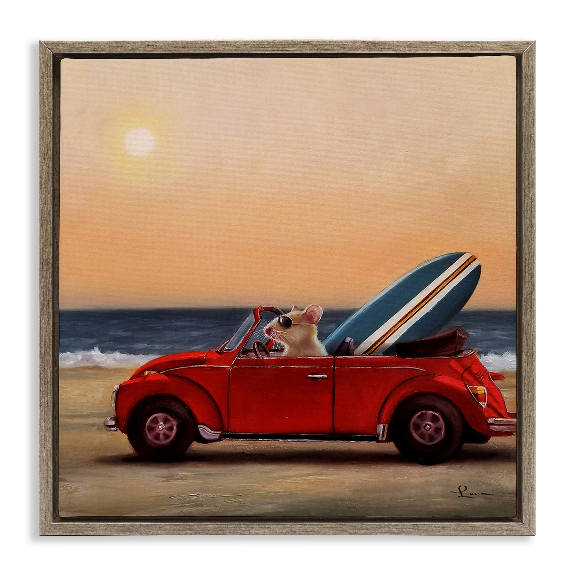 Stupell Industries Mouse Beach Coast Cruise Animals & Insects Painting Brown Floater Framed Canvas Art Print Wall Art, 25 x 25