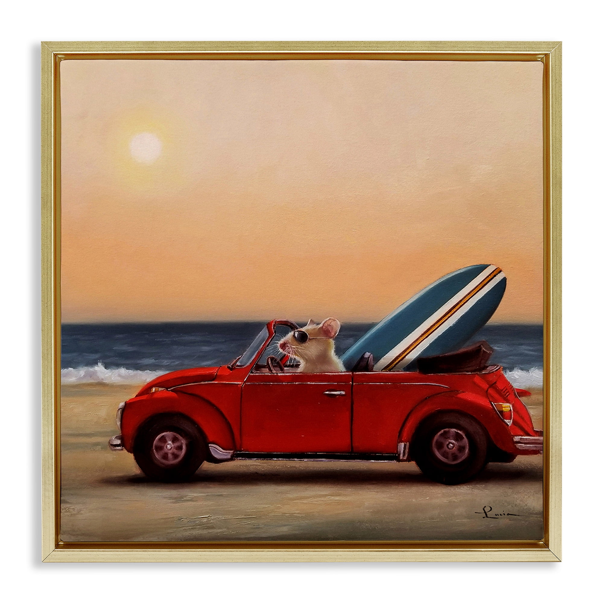 Stupell Industries Mouse Beach Coast Cruise Animals & Insects Painting Gold Floater Framed Canvas Art Print Wall Art, 25 x 25