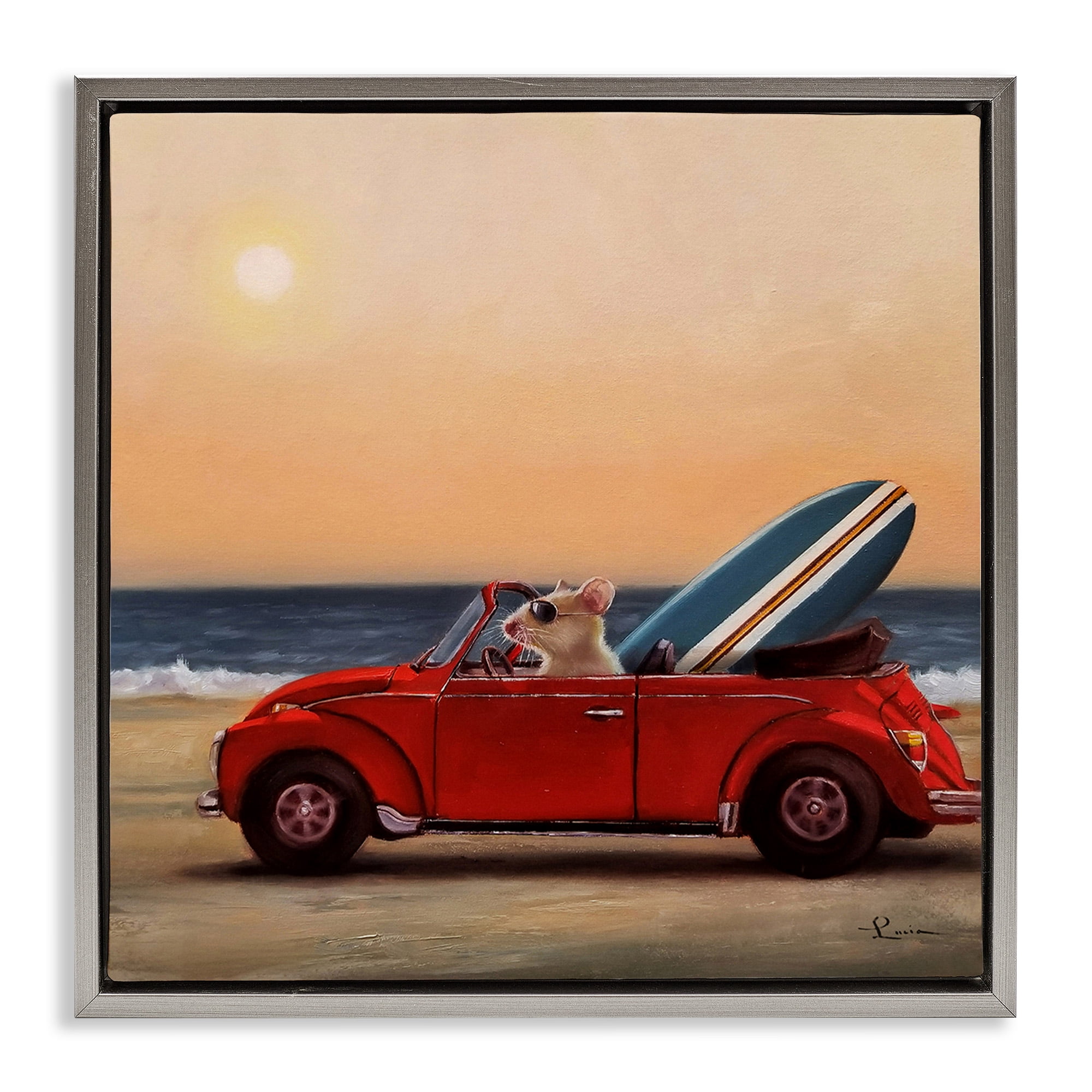 Stupell Industries Mouse Beach Coast Cruise Animals & Insects Painting Gray Floater Framed Canvas Art Print Wall Art, 25 x 25