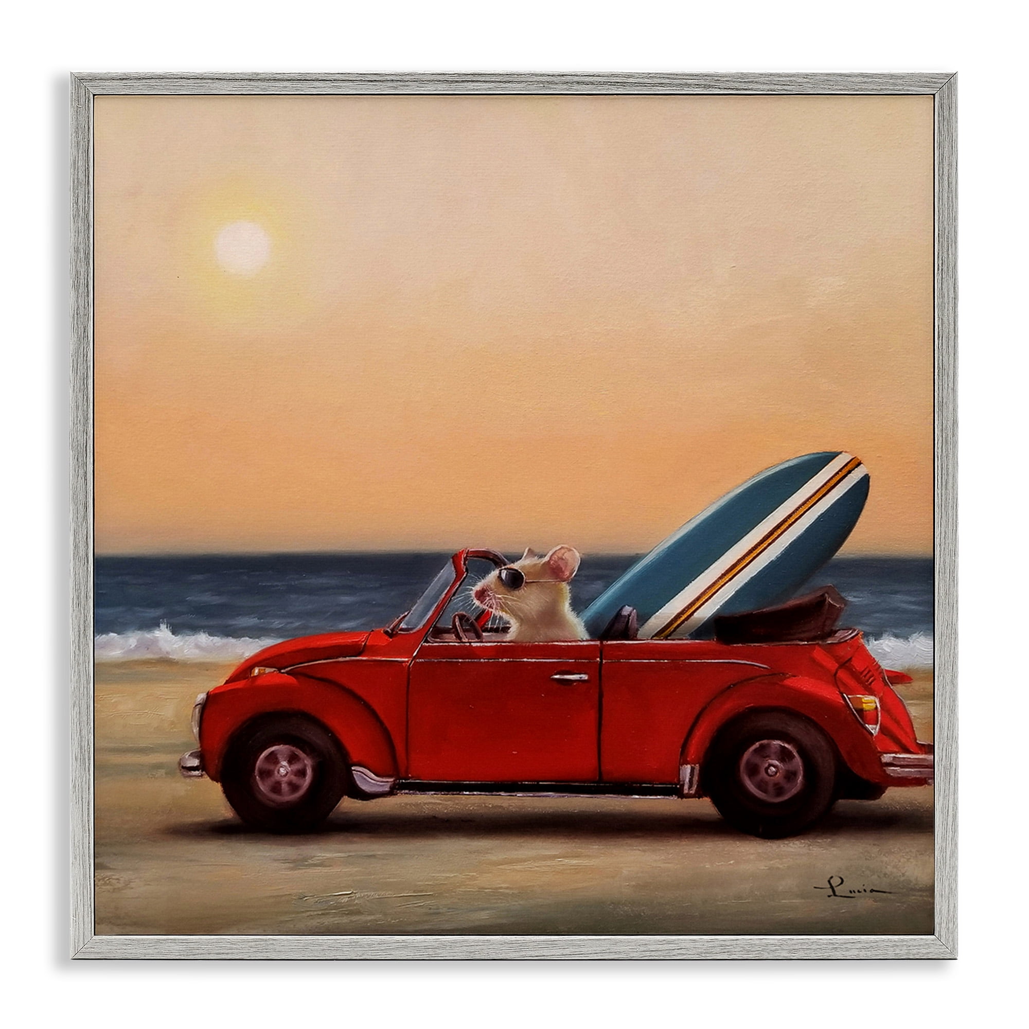 Stupell Industries Mouse Beach Coast Cruise Animals & Insects Painting Gray Framed Art Print Wall Art, 12 x 12