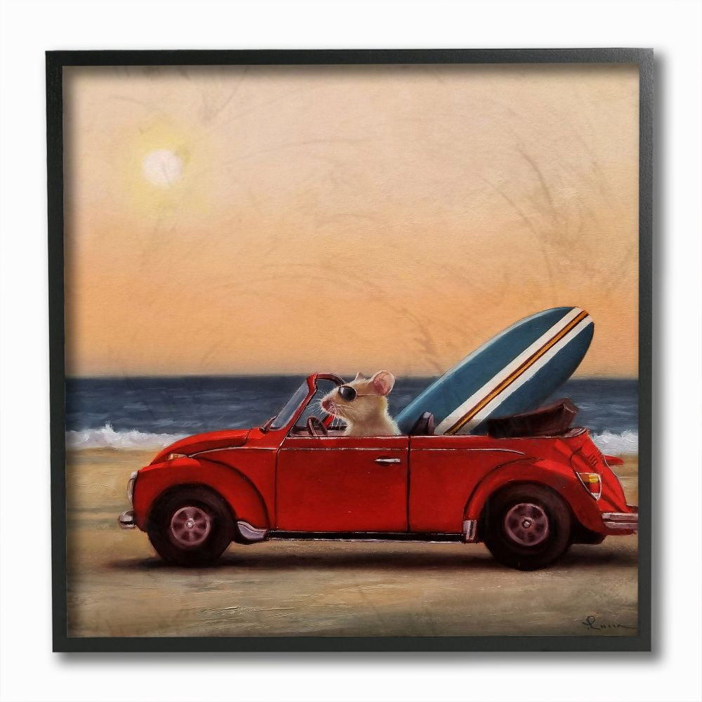 Stupell Industries Mouse Beach Cruise Surf and Sand Car Framed Wall Art Design by Lucia Heffernan, 12" x 12", Black Framed