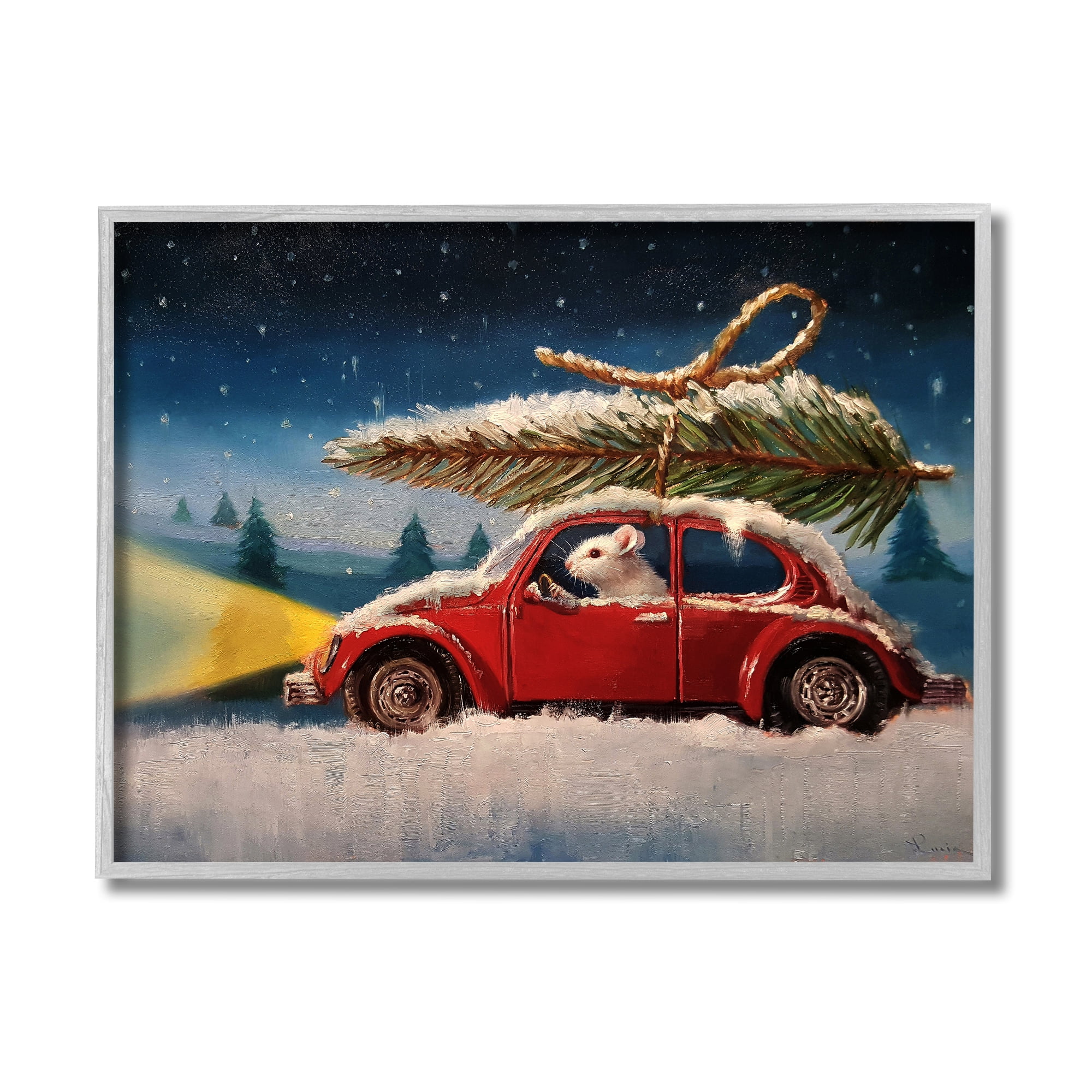 Stupell Industries Mouse Driving Through Snow Winter Holiday Tree Gray Framed Design by Lucia Heffernan