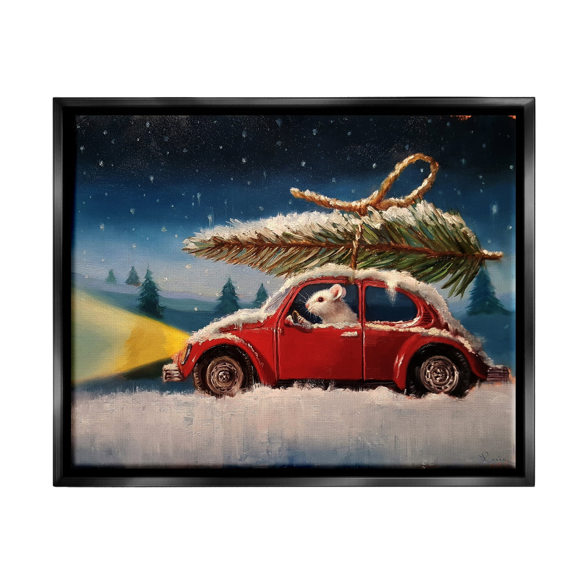 Stupell Industries Mouse Driving Through Snow Winter Holiday Tree Metallic Gold Framed Floating Canvas Wall Art, 24x30, by Lucia Heffernan