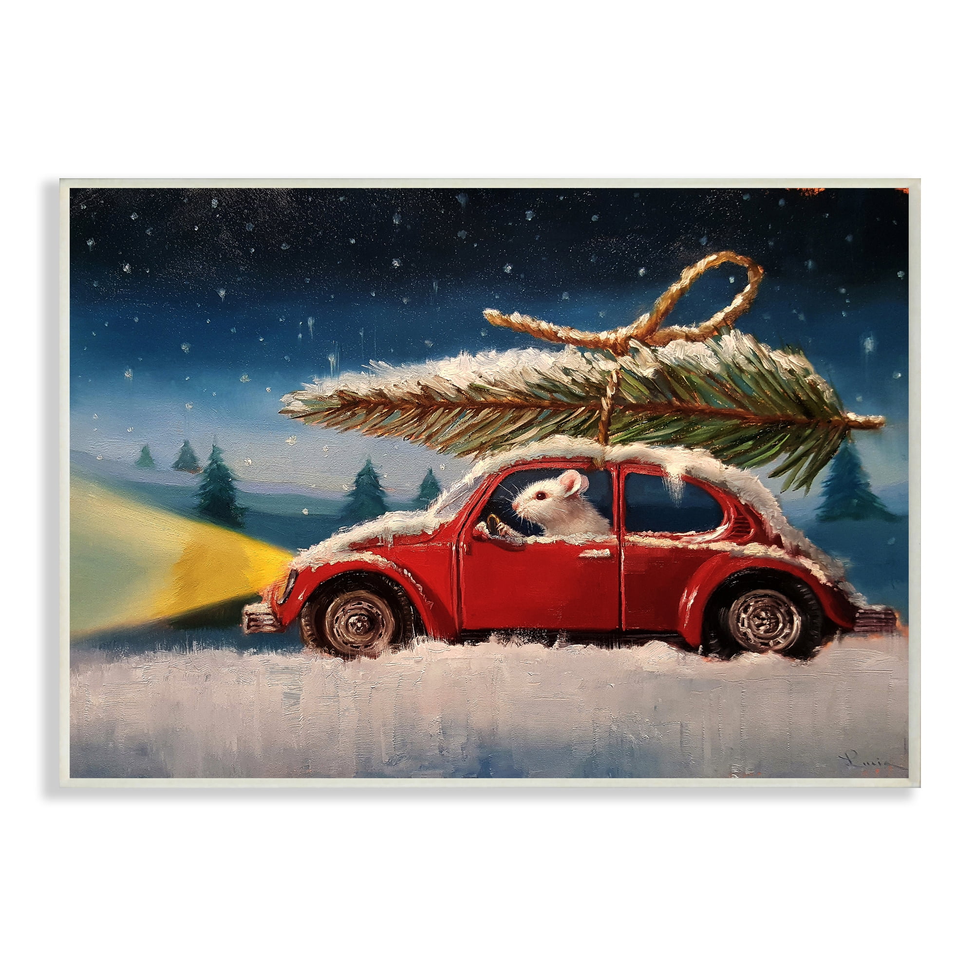 Stupell Industries Mouse Driving Through Snow Winter Holiday Tree Wall Plaque Design by Lucia Heffernan