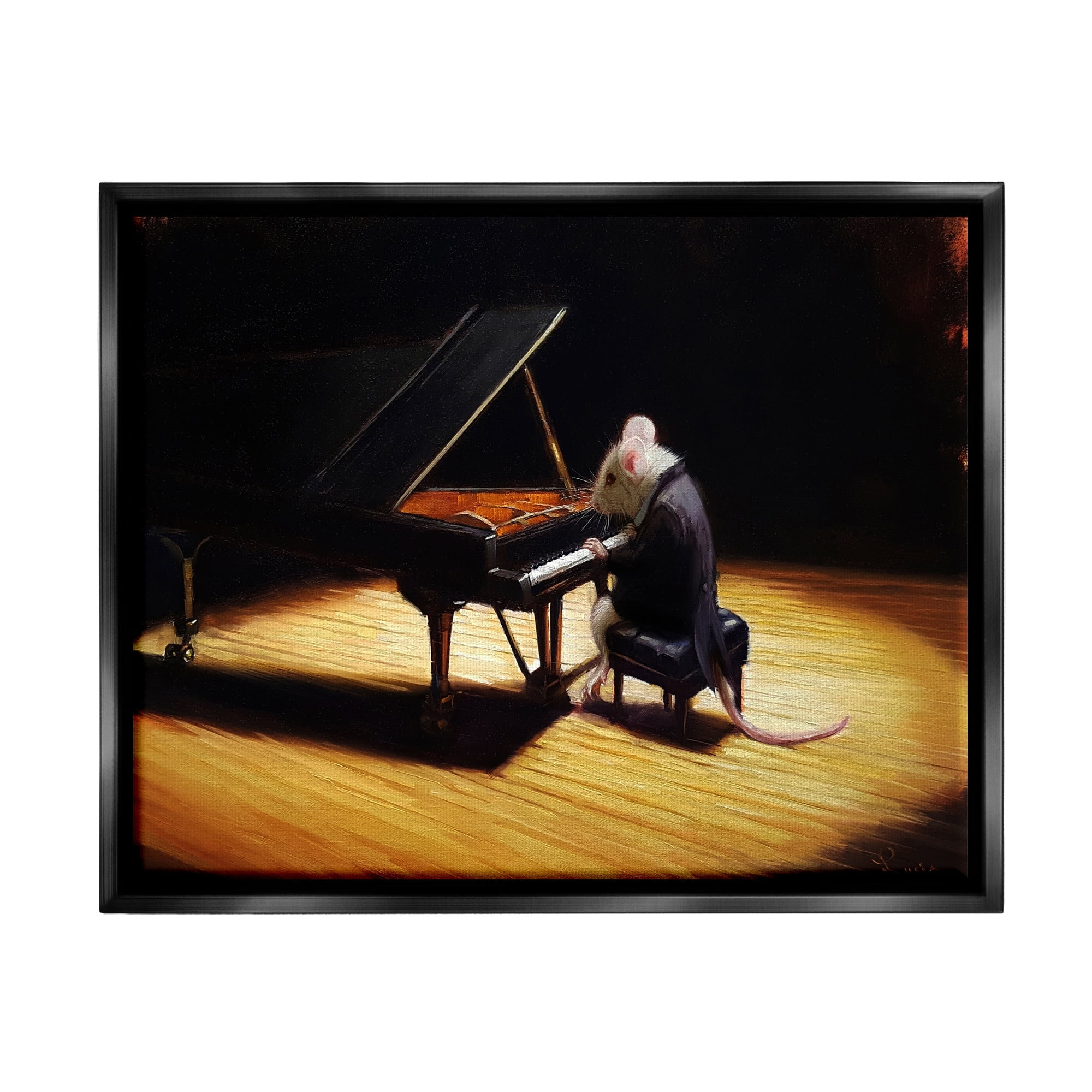 Stupell Industries Mouse Musician Playing Grand Piano Stage Spotlight Painting Jet Black Floating Framed Canvas Print Wall Art, Design by Lucia Heffernan