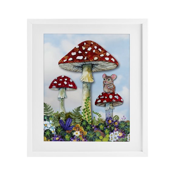Stupell Industries Mouse Perched on Mushroom White Framed Print Under Glass design by Lisa Morales, 21 x 17
