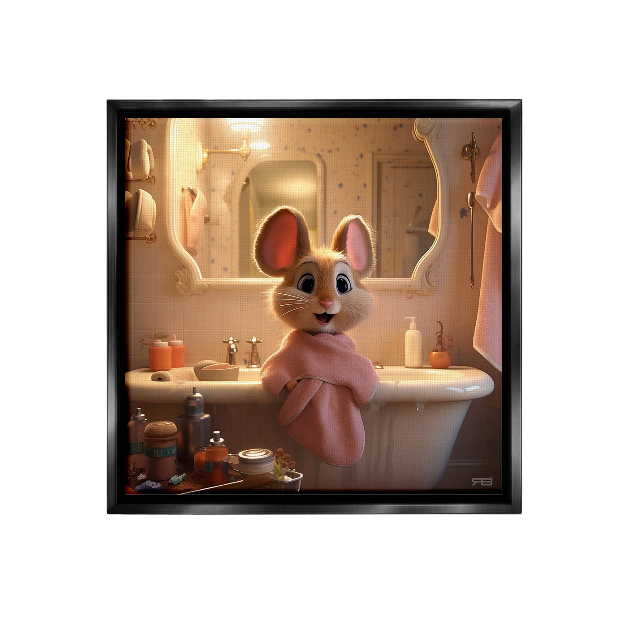 Stupell Industries Mouse in Relaxing Bath Animals & Insects Painting Black Floater Framed Canvas Art Print Wall Art, 25 x 25