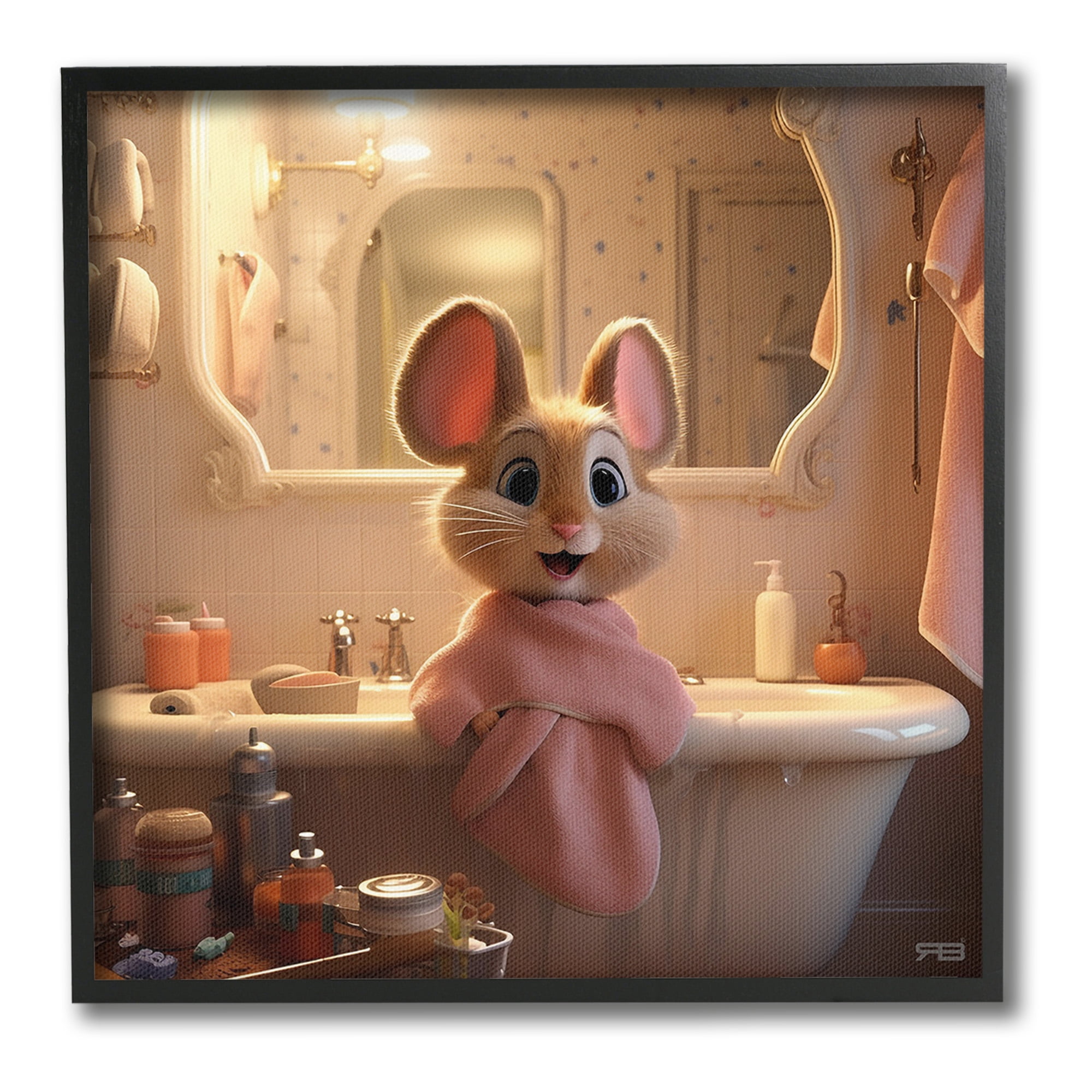 Stupell Industries Mouse in Relaxing Bath Animals & Insects Painting Black Framed Art Print Wall Art, 24 x 24