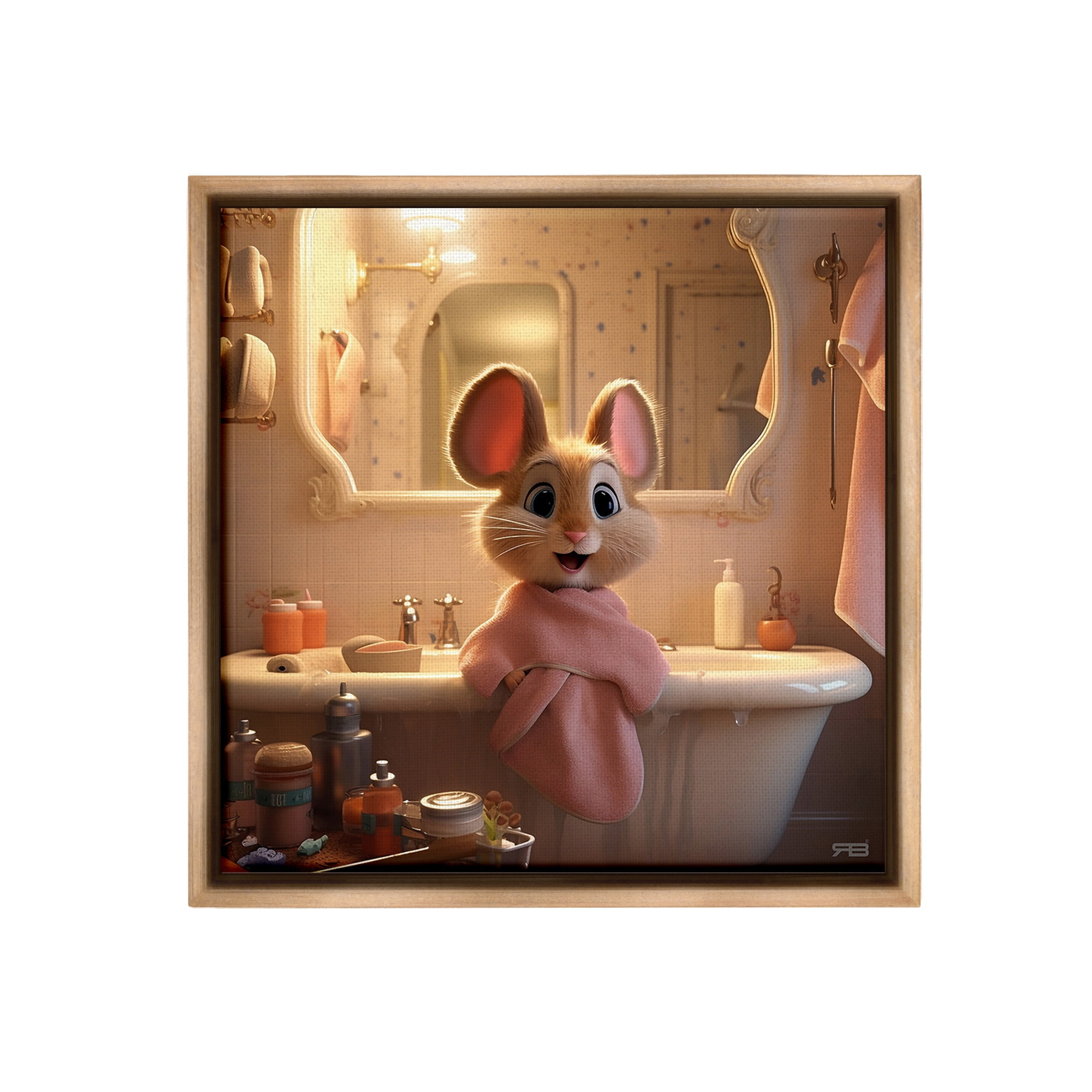 Stupell Industries Mouse in Relaxing Bath Animals & Insects Painting Brown Floater Framed Canvas Art Print Wall Art, 25 x 25