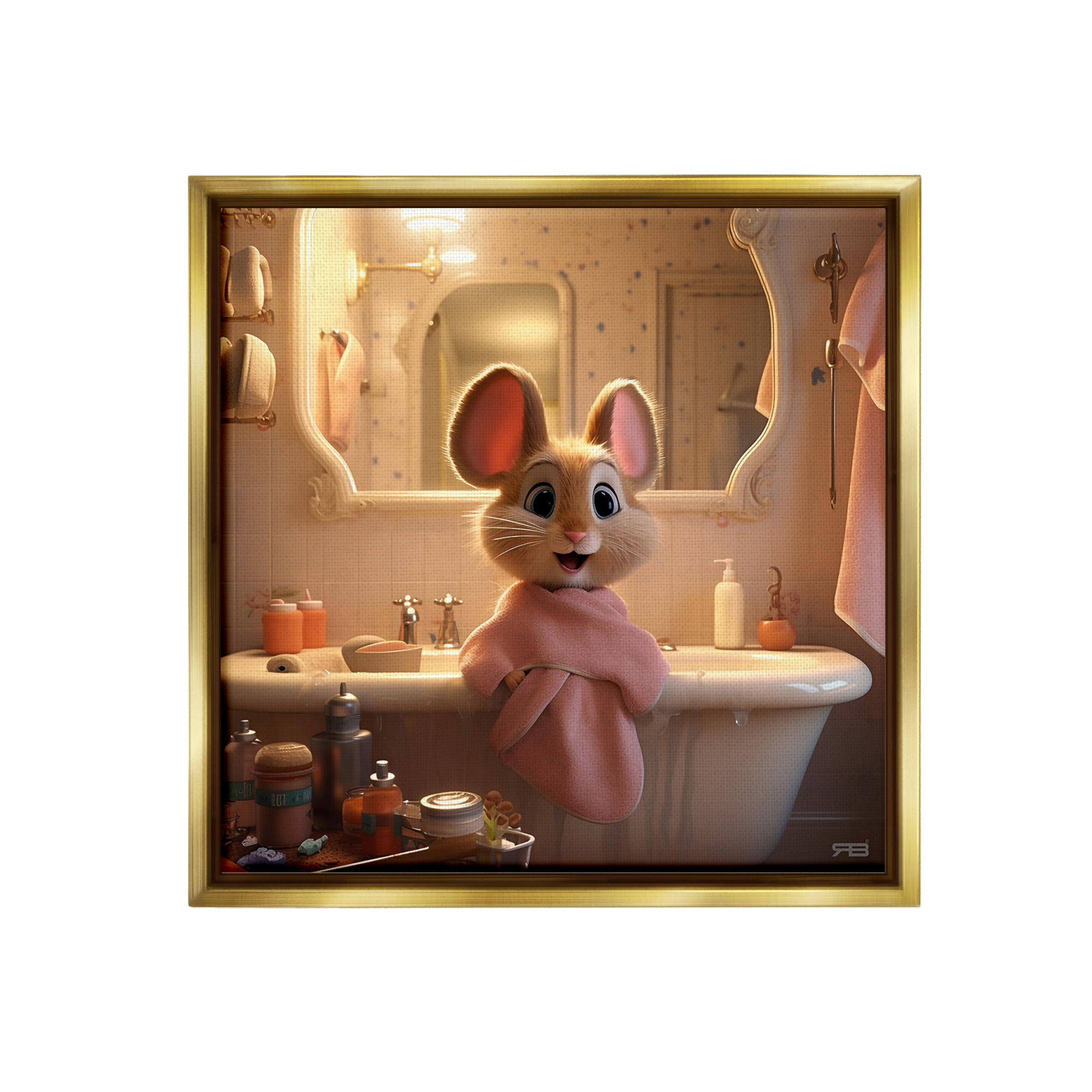 Stupell Industries Mouse in Relaxing Bath Animals & Insects Painting Gold Floater Framed Canvas Art Print Wall Art, 18 x 18