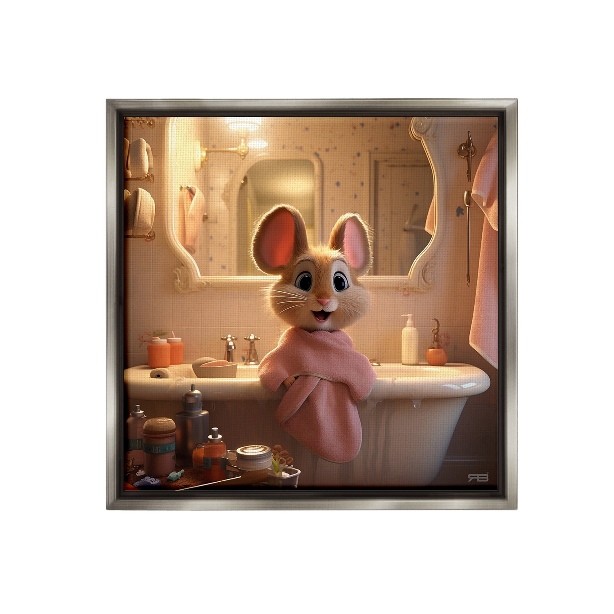 Stupell Industries Mouse in Relaxing Bath Animals & Insects Painting Gray Floater Framed Canvas Art Print Wall Art, 25 x 25