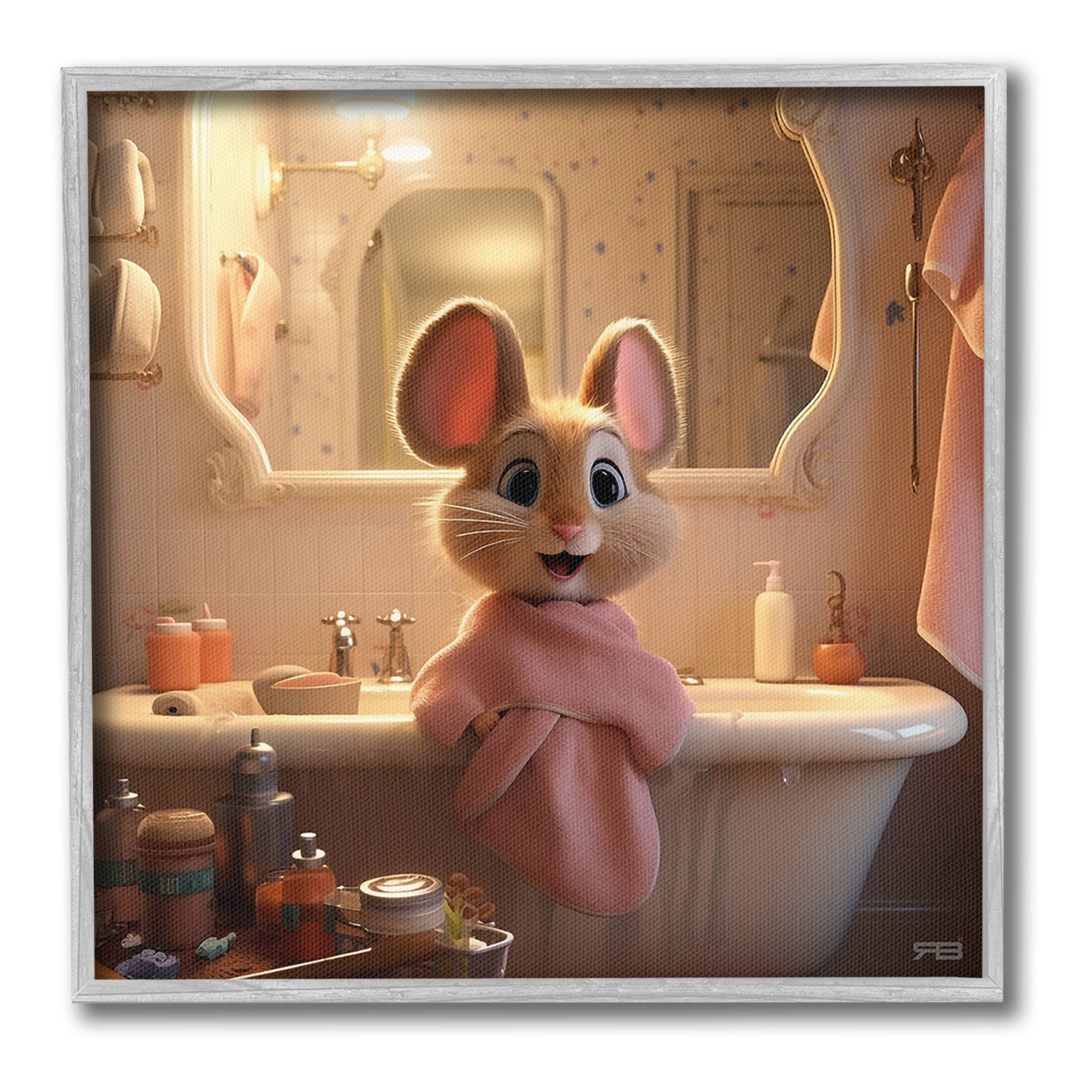 Stupell Industries Mouse in Relaxing Bath Animals & Insects Painting Gray Framed Art Print Wall Art, 12 x 12