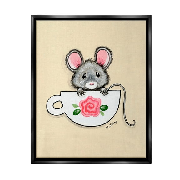 Stupell Industries Mouse in Teacup Animals & Insects Painting Black Floater Framed Canvas Art Print Wall Art, 17 x 21