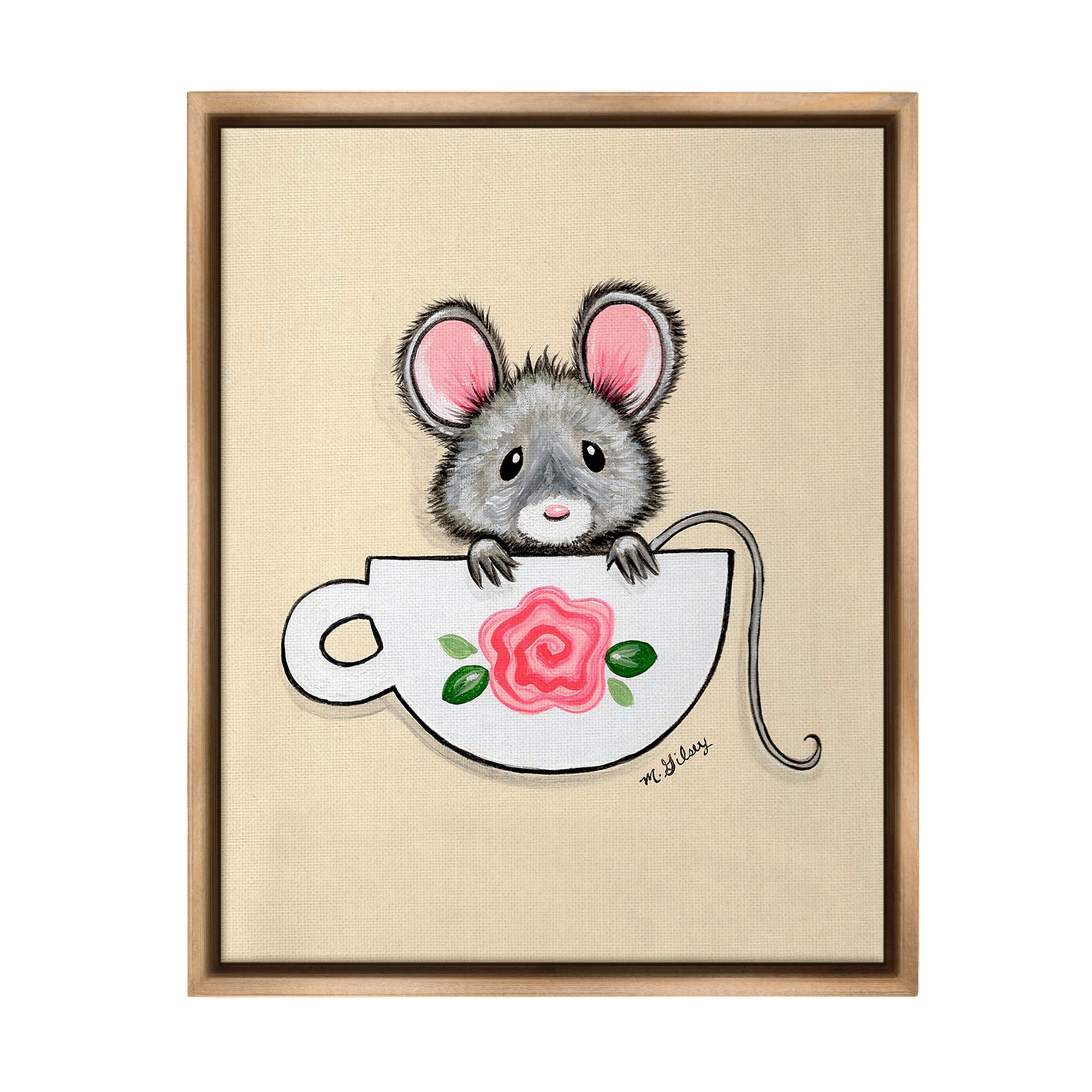 Stupell Industries Mouse in Teacup Animals & Insects Painting Brown Floater Framed Canvas Art Print Wall Art, 17 x 21